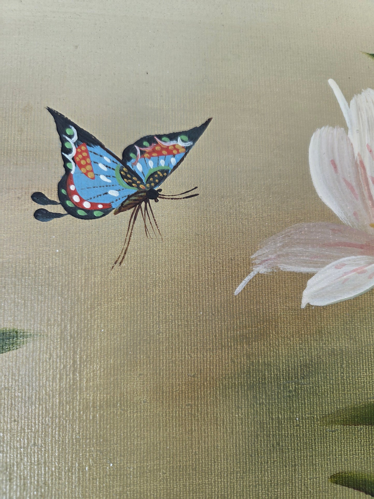Original Framed Floral Oil Painting: Pink Lilies, Daisies, Butterflies Art Decor