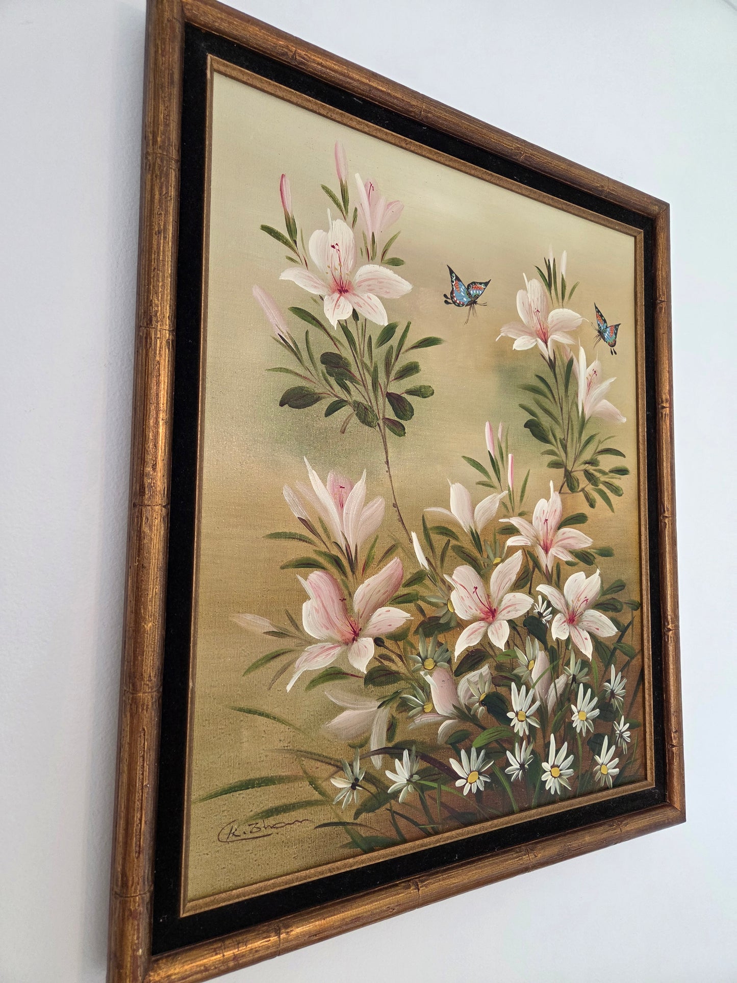 Original Framed Floral Oil Painting: Pink Lilies, Daisies, Butterflies Art Decor