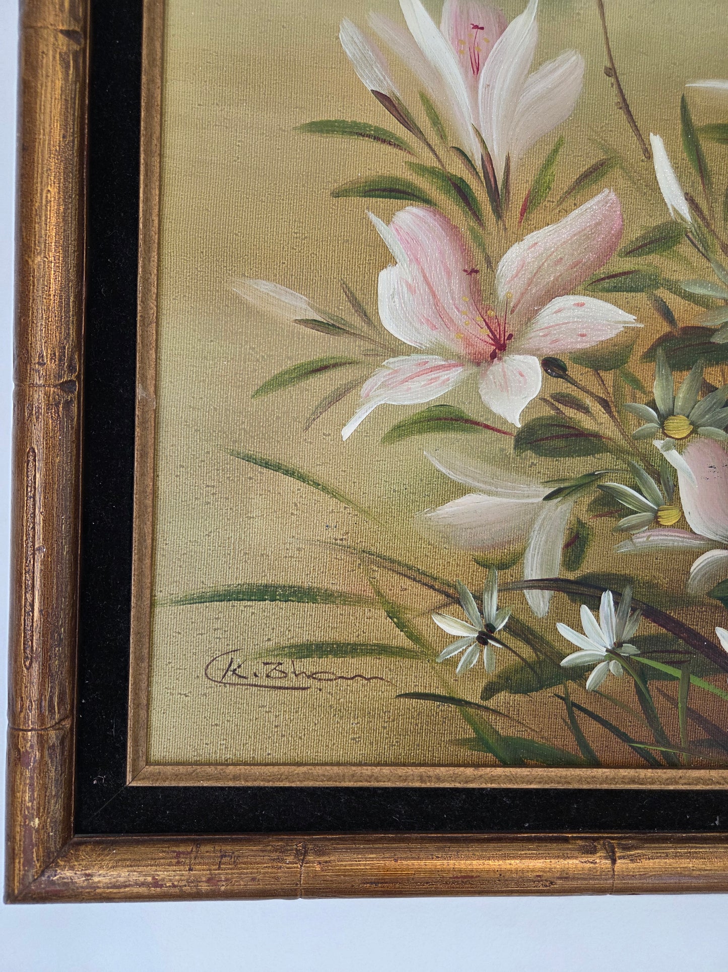 Original Framed Floral Oil Painting: Pink Lilies, Daisies, Butterflies Art Decor