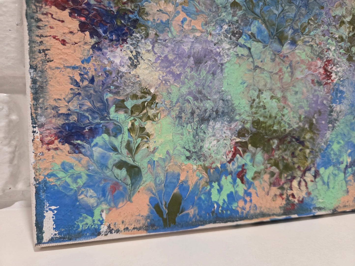 Abstract Blot Floral Art Original Painting On Canvas Signed Blue & Green Artwork