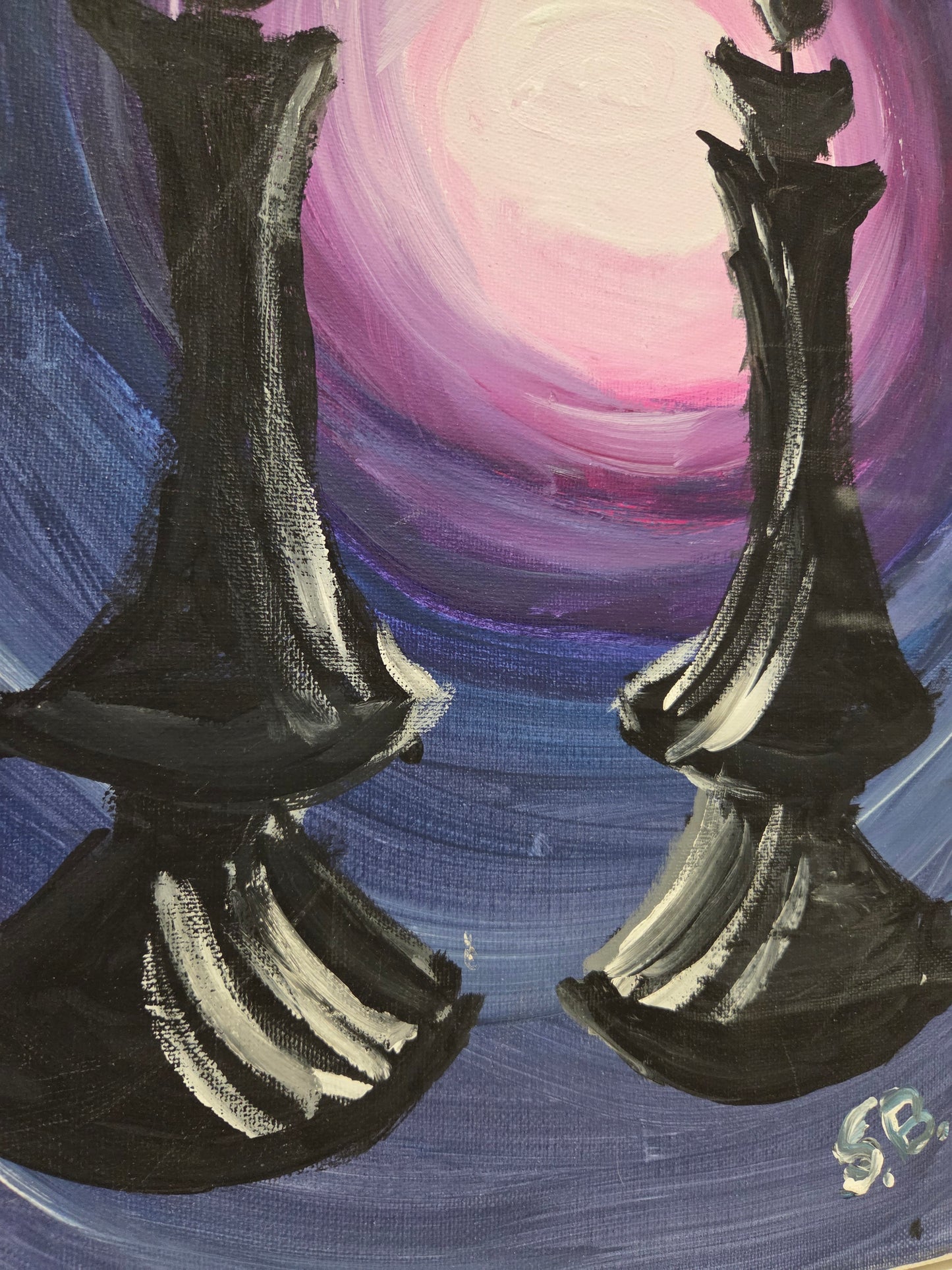 Original Acrylic Painting On Canvas Signed SB Artwork Chess Pawn Candle Moon Art