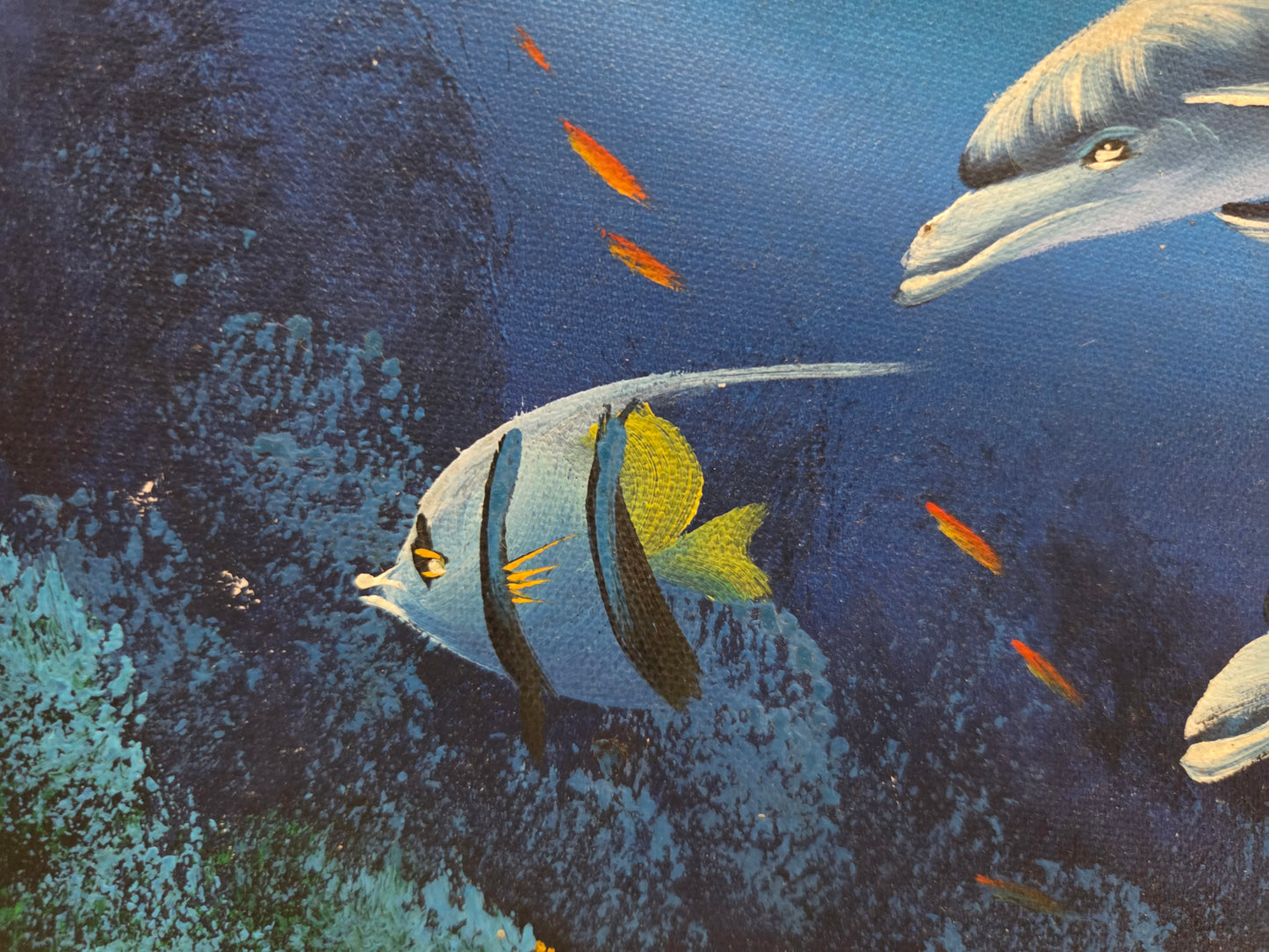 Dolphin Fish Coral Reef Painting Canvas Ocean Sea Marine Life Art Original Signd