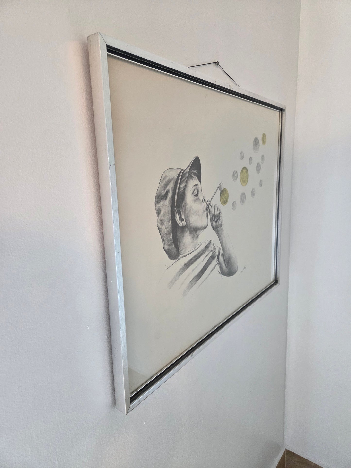Original Wolfgang M Otto Pencil Drawing Signed Boy Blowing Bubble Artwork Framed