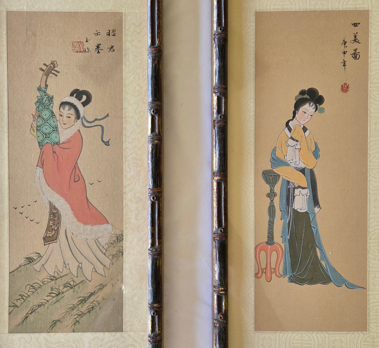 Japanese Art Geisha Girl Color Painting On Silk Signed Original Oriental Tapestry
