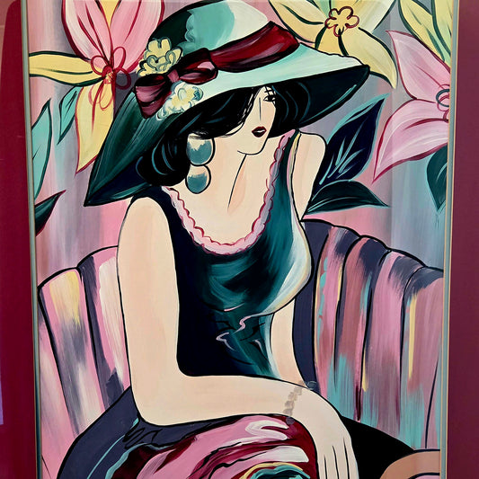 Original Acrylic Painting Elegant Woman in Floral Hat Portrait Fashion Wall Art