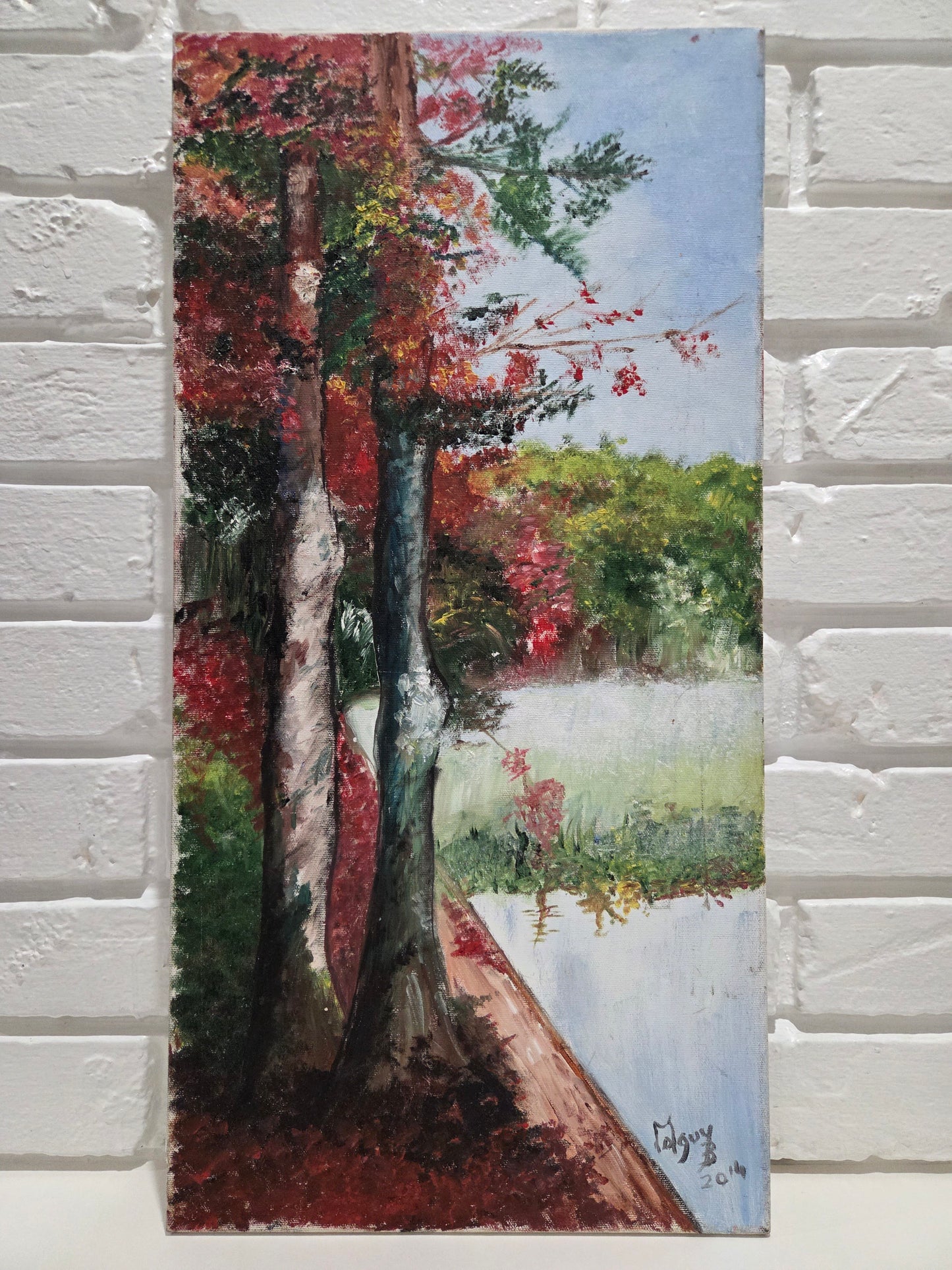 Original Landscape Painting On Canvas Autumn Forest Trees Lake Nature Art Signed