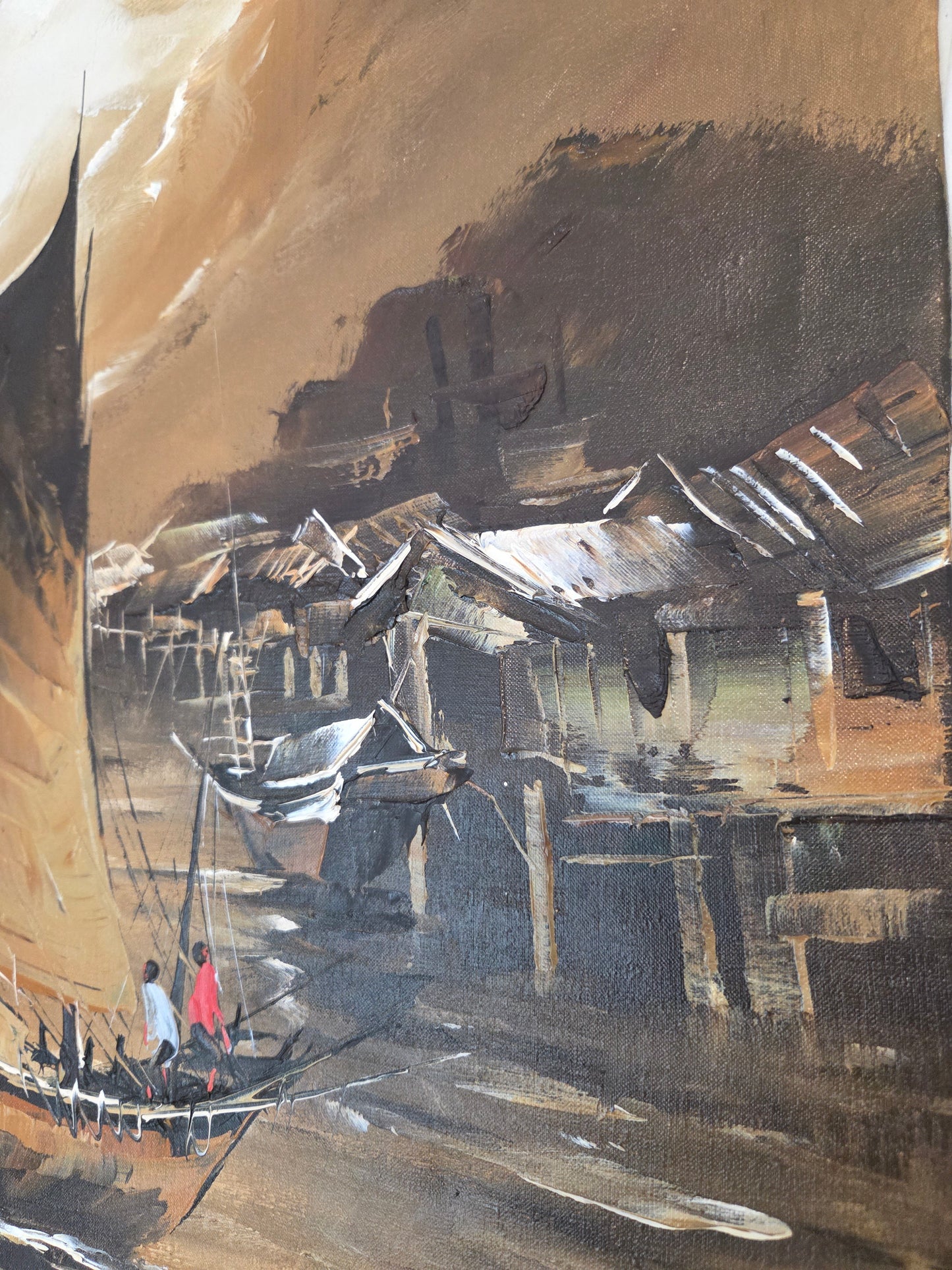 Original Asian Sail Boat Ship Harbor Painting Seascape Canvas Art Maritime Decor