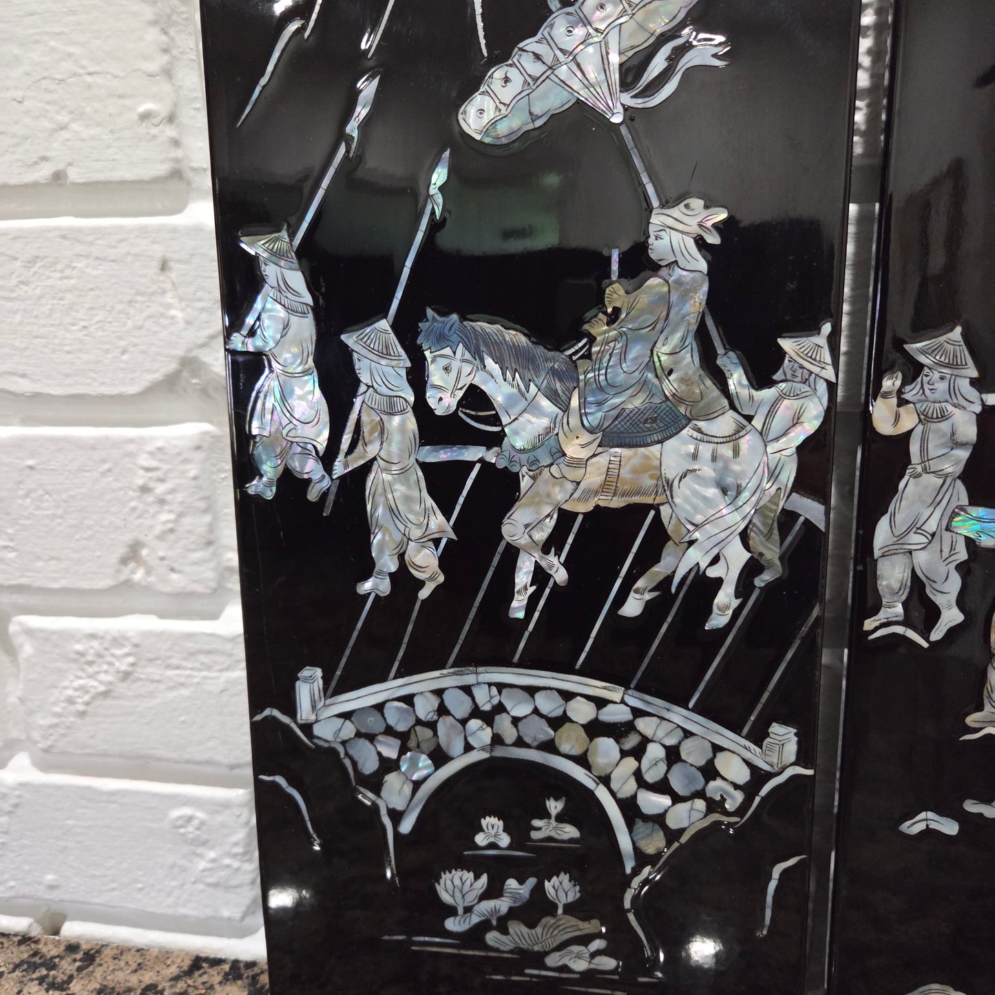 Asian Inlayed Mother Of Pearl On Black Laquer Wood Panel Horse Wall Decor 2p Set