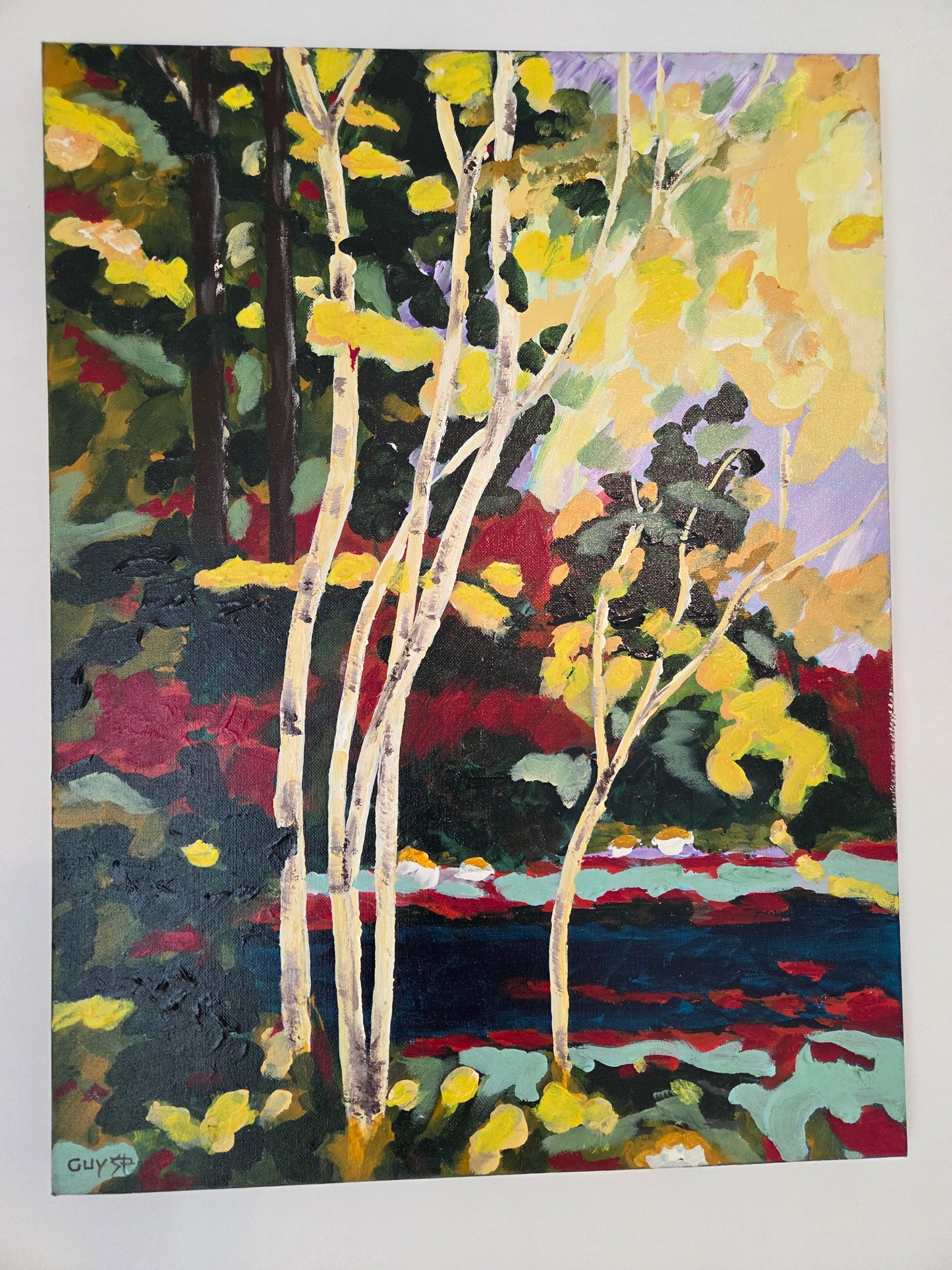 Original Forest Landscape Painting Birch Trees River Nature Acrylic Canvas Art