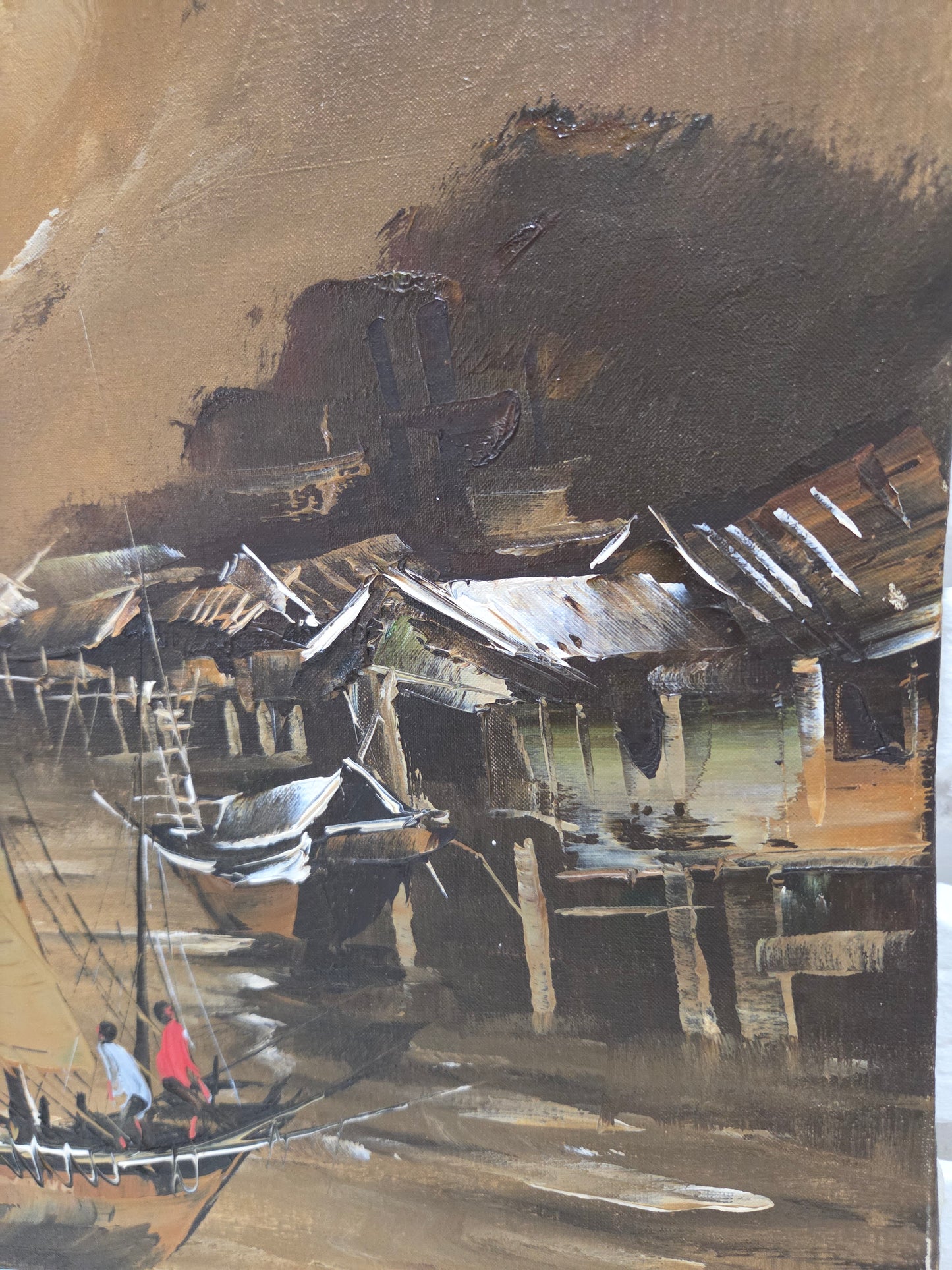 Asian Sailing Fishing Boat Ship Harbor Original Painting Canvas Signed Art Decor