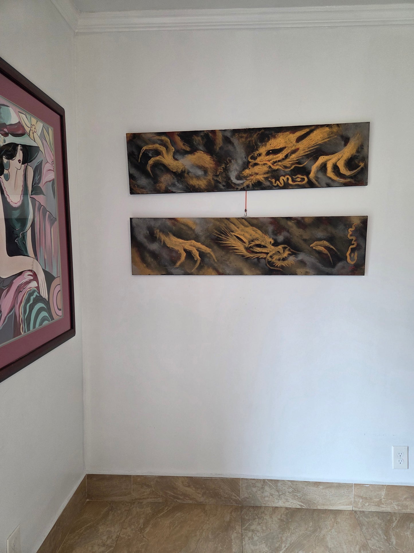 Original Spray Paint Art Gold Dragons Metallic Smoking 2-Piece Set Canvas Signed
