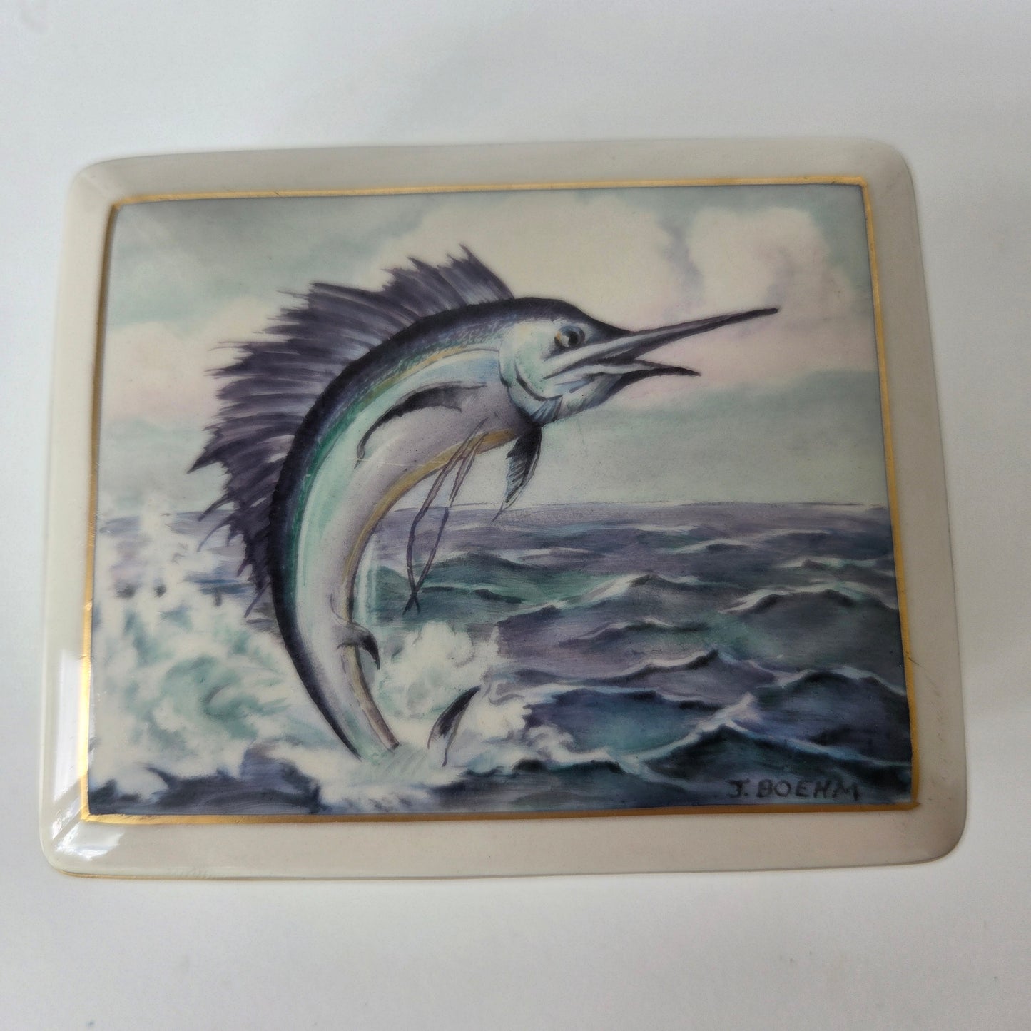 J.Boehm Porcelin Trinket Box Swordfish Sailfish Marlin Ocean Gold Trim Ceramic