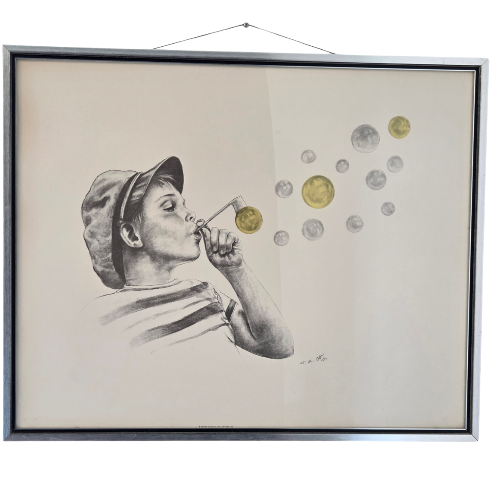 Wolfgang M Otto Original Pencil Drawing Signed Artwork Framed Boy Blowing Bubble