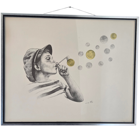 Wolfgang M Otto Original Pencil Drawing Signed Artwork Framed Boy Blowing Bubble