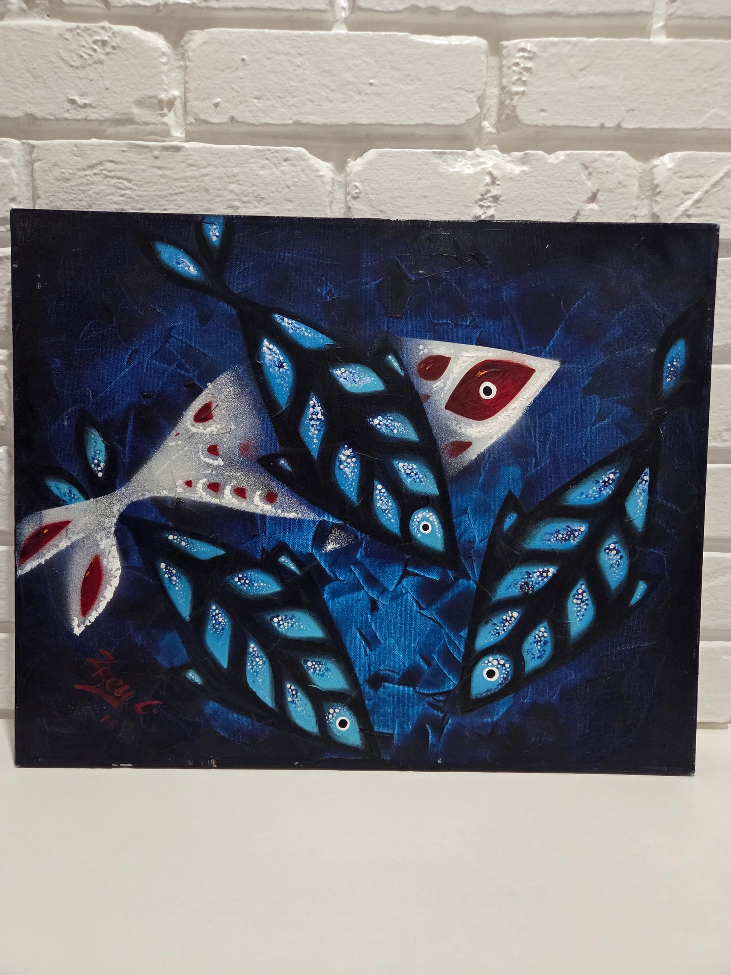 Original Painting Abstract Fish Blue Marine Ocean Mid Century Modern Art Signed