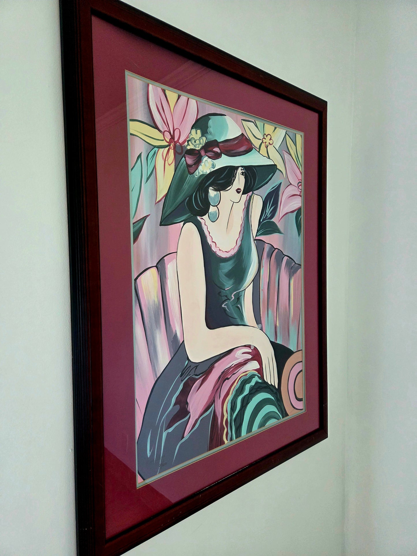 Original Acrylic Painting Elegant Woman in Floral Hat Portrait Fashion Wall Art