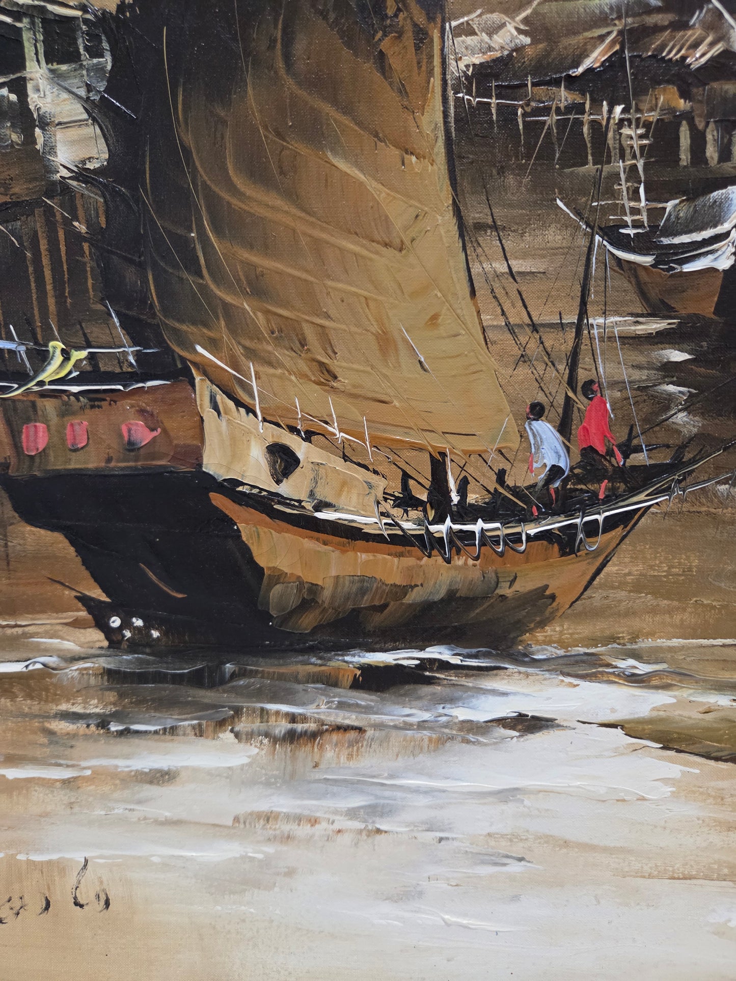 Asian Sailing Fishing Boat Ship Harbor Original Painting Canvas Signed Art Decor