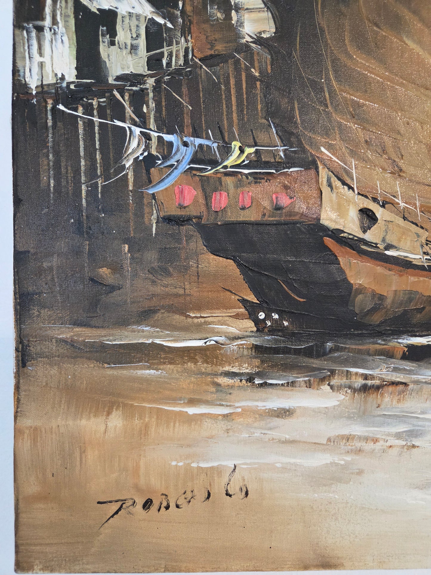 Original Asian Sail Boat Ship Harbor Painting Seascape Canvas Art Maritime Decor