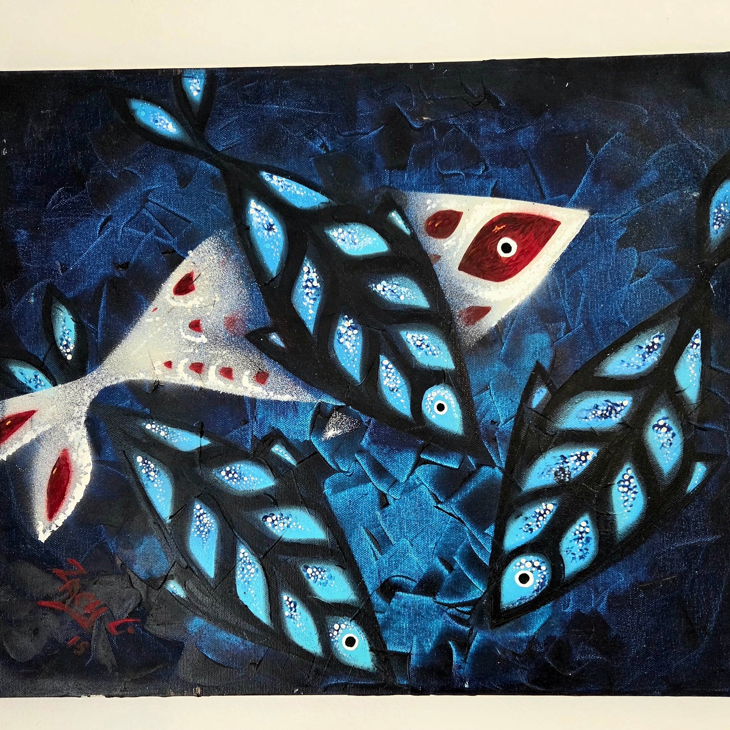 Original Abstract Koi Fish Painting - Modern Blue Marine Ocean Contemporary Art