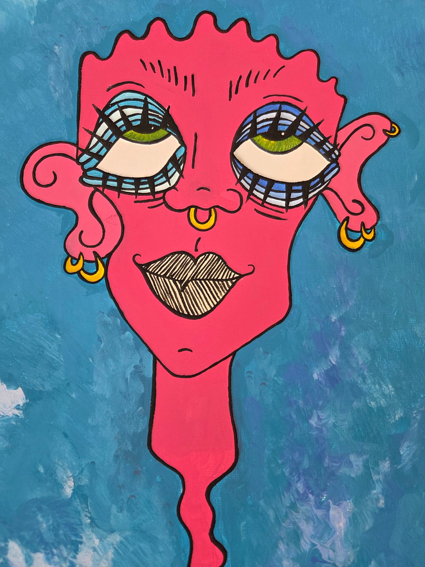Original Hand-painted Vibrant Pop Art Blue Hair Pink Face girl on canvas Artwork
