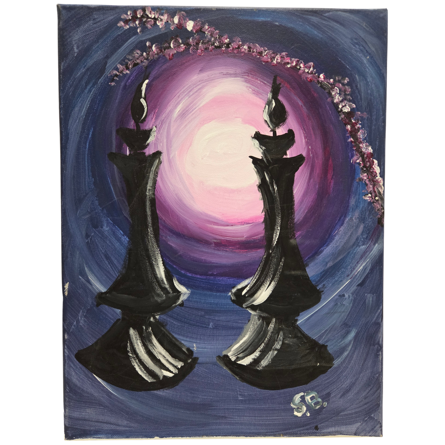 Original Acrylic Painting On Canvas Signed SB Artwork Chess Pawn Candle Moon Art