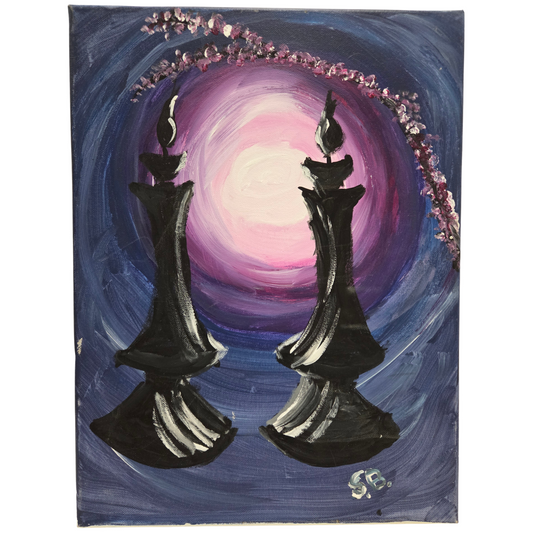 Original Acrylic Painting On Canvas Signed SB Artwork Chess Pawn Candle Moon Art