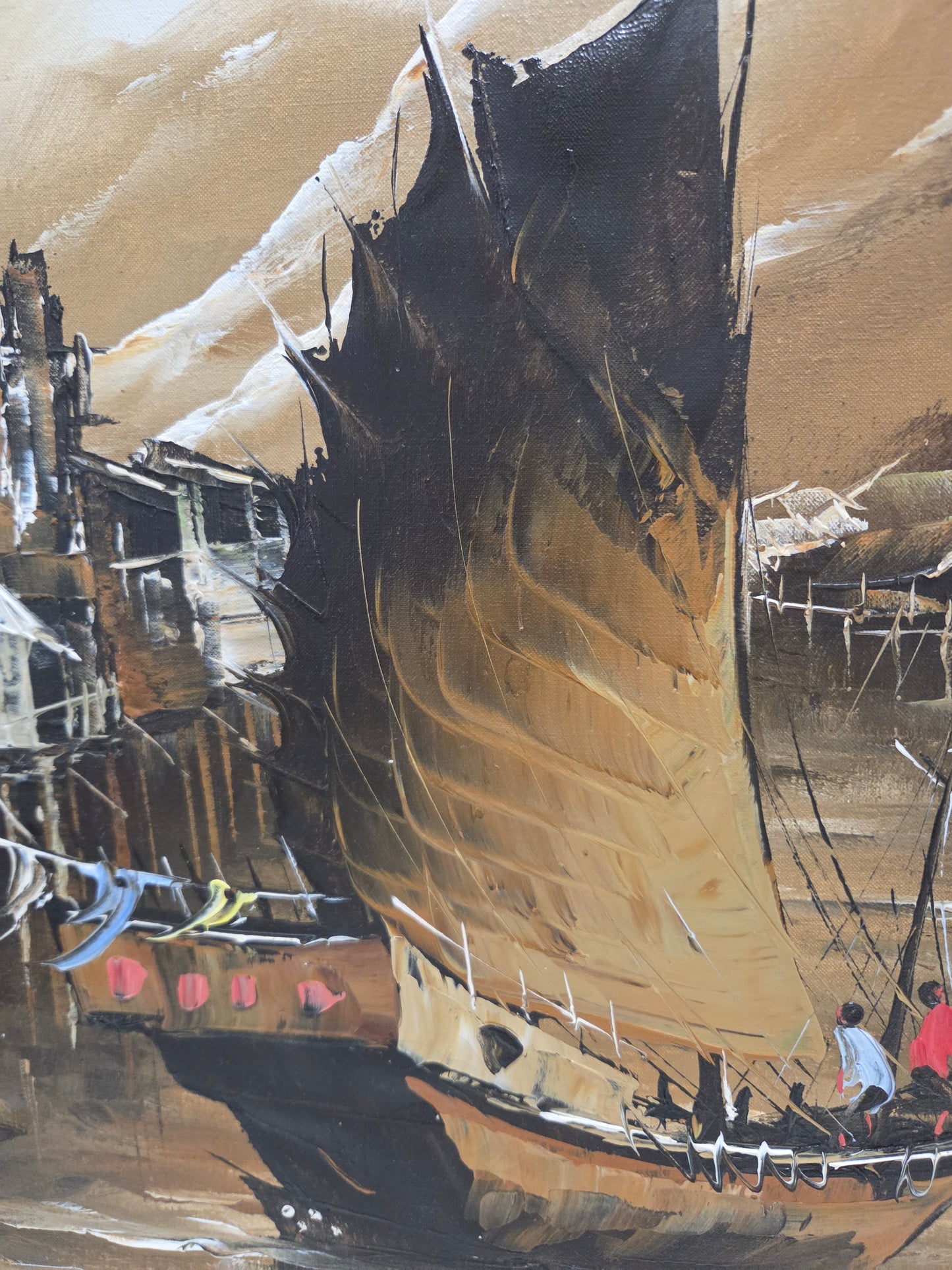 Asian Sailing Fishing Boat Ship Harbor Original Painting Canvas Signed Art Decor