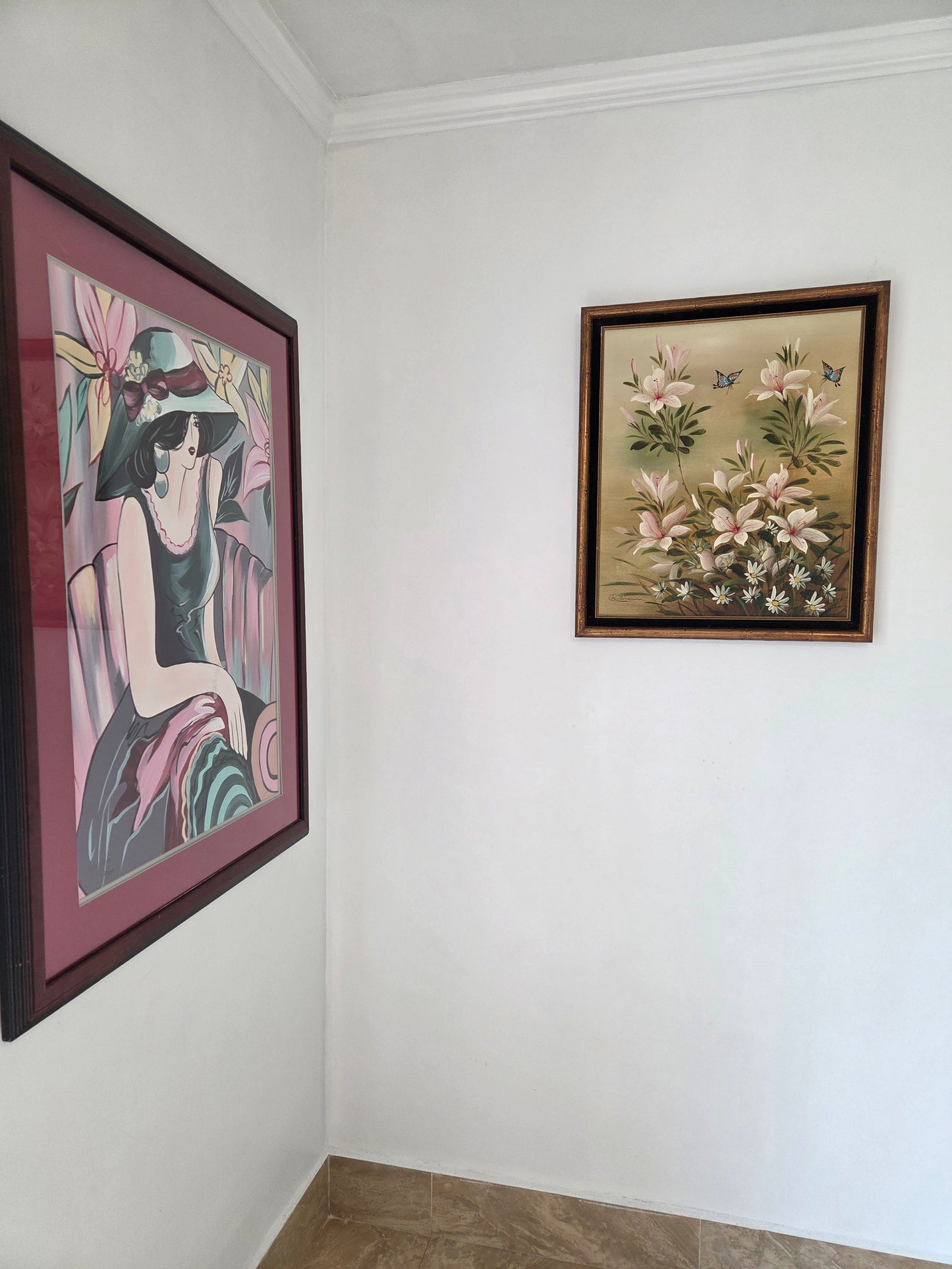 Original Framed Floral Oil Painting: Pink Lilies, Daisies, Butterflies Art Decor