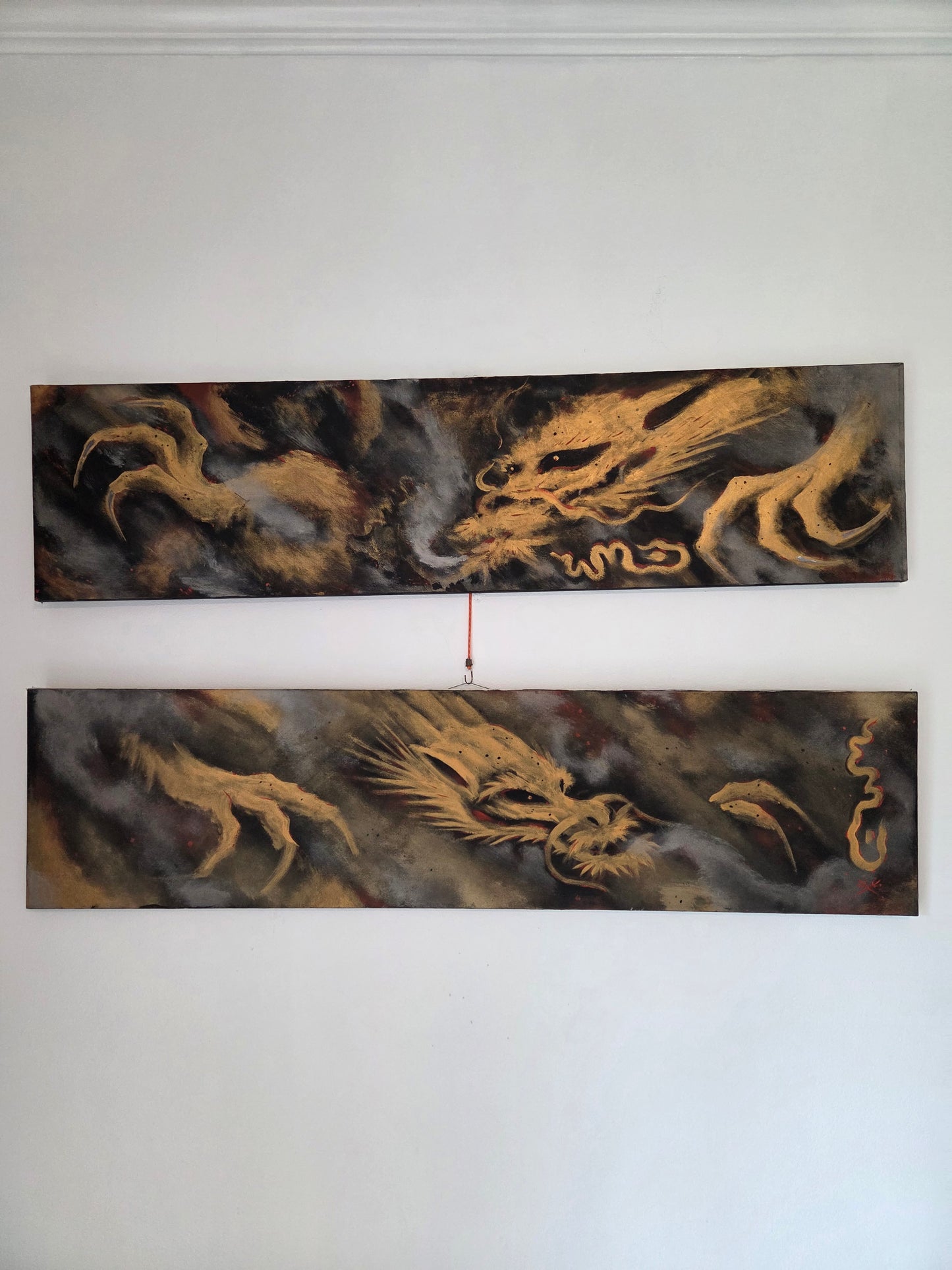 Original Spray Paint Art Gold Dragons Metallic Smoking 2-Piece Set Canvas Signed