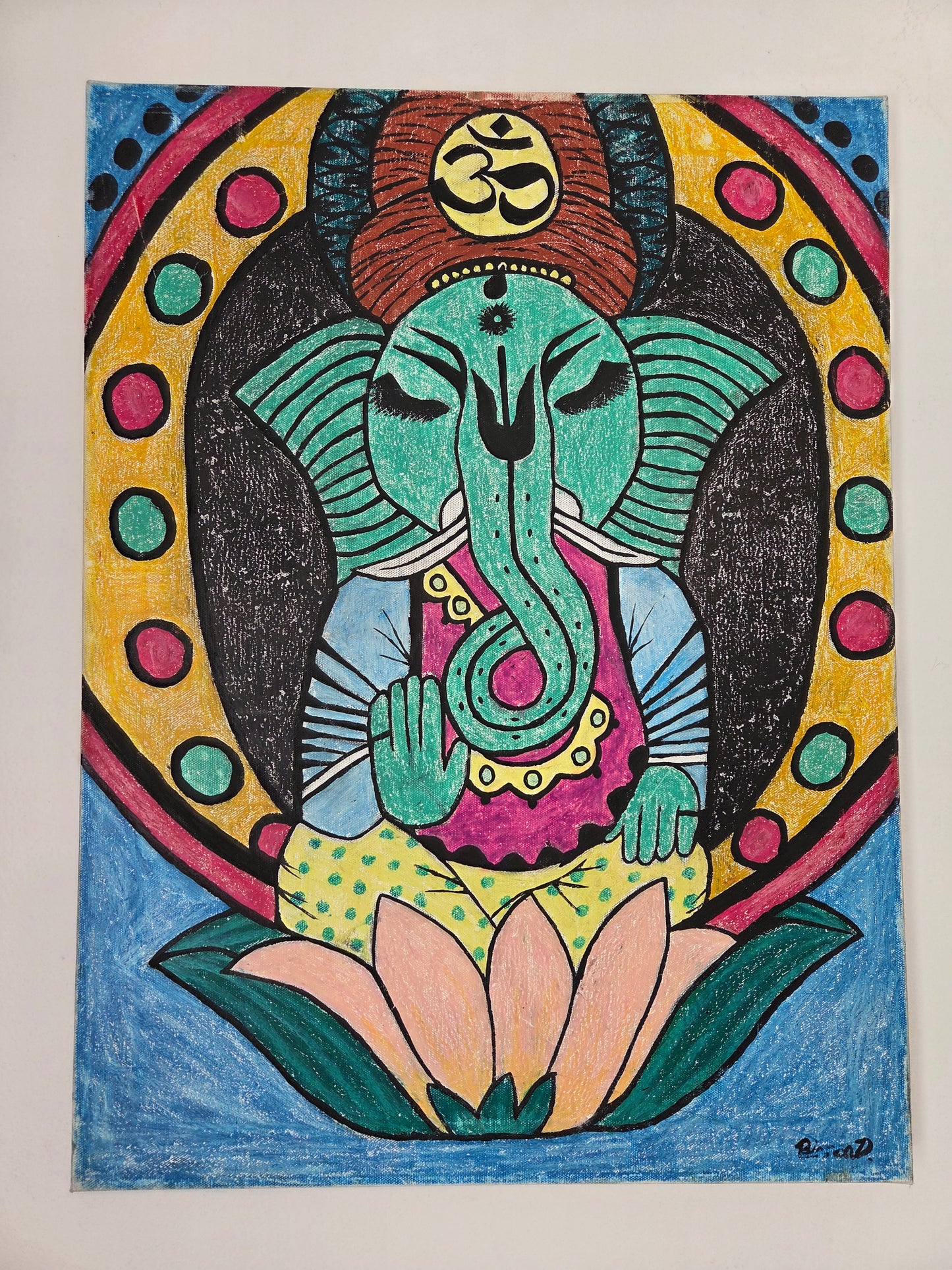 Original Ganesha Painting Hindu Spiritual Elephant God Lotus Meditation Wall Art