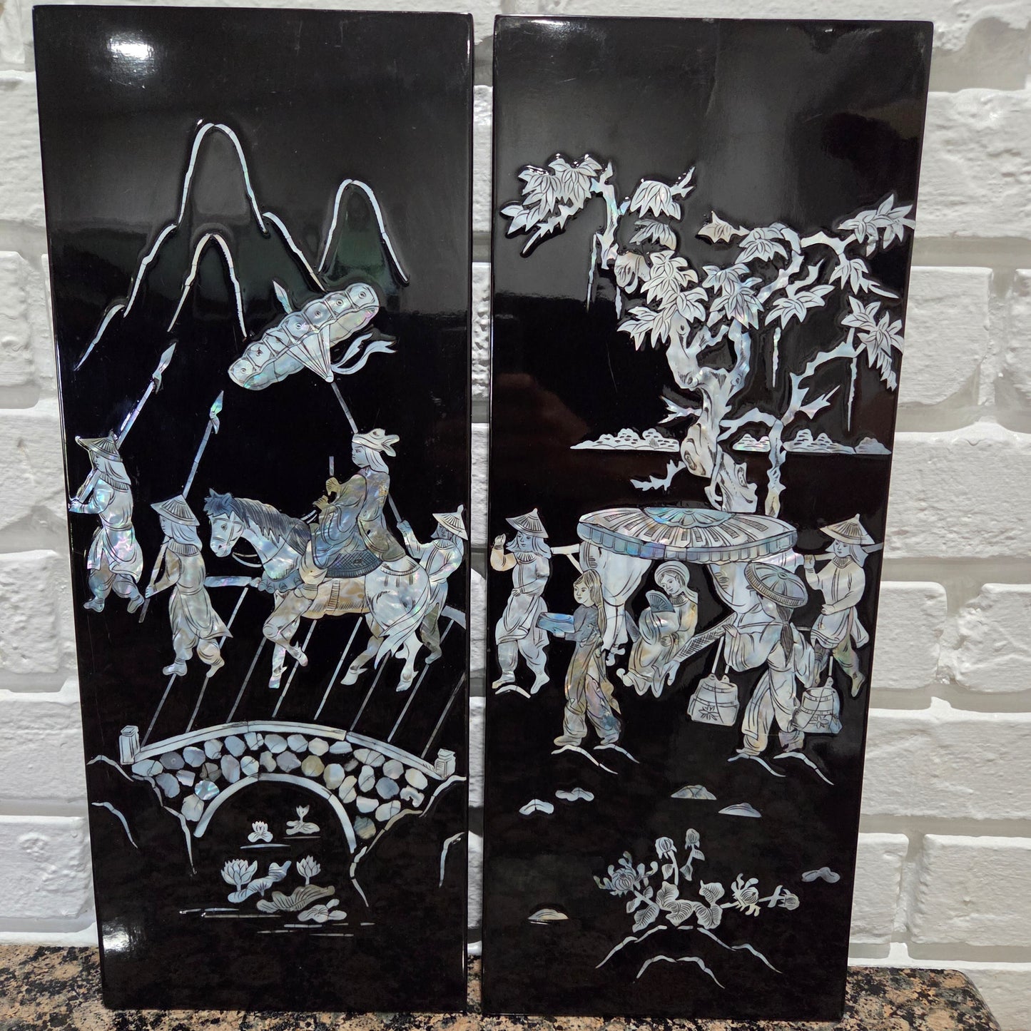Asian Inlayed Mother Of Pearl On Black Laquer Wood Panel Horse Wall Decor 2p Set