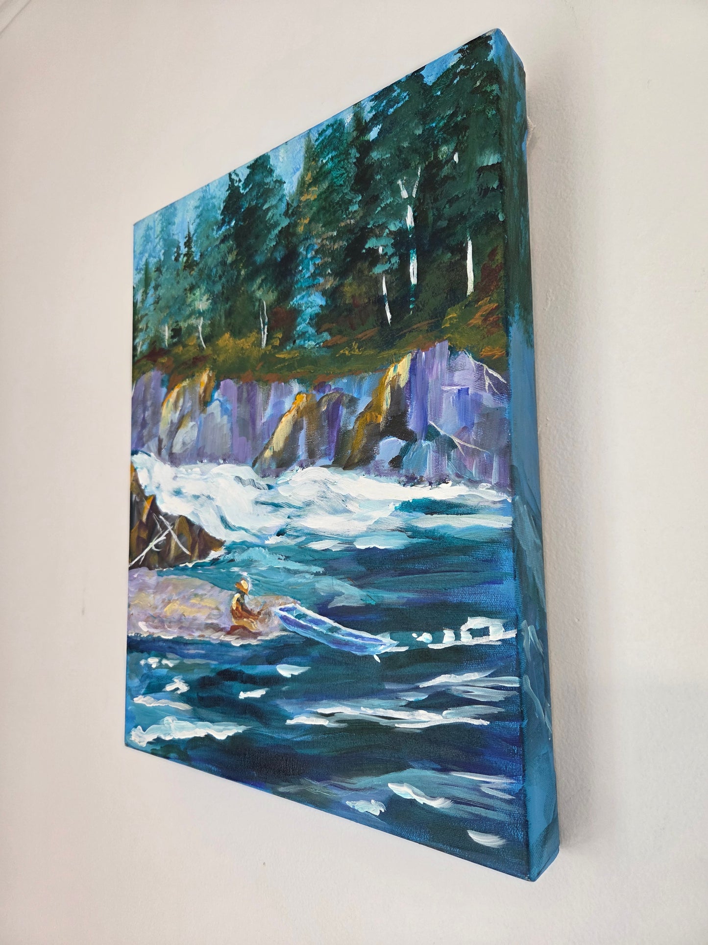 Original River Landscape Painting – Forest Waterfall Kayak Scene – Nature Acrylic Canvas Wall Art