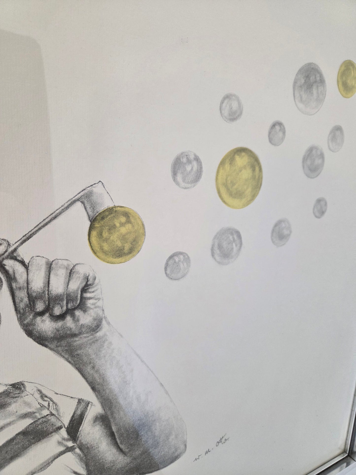 Original Wolfgang M Otto Pencil Drawing Signed Boy Blowing Bubble Artwork Framed