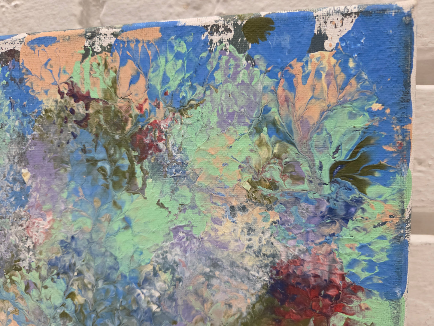 Abstract Blot Floral Art Original Painting On Canvas Signed Blue & Green Artwork