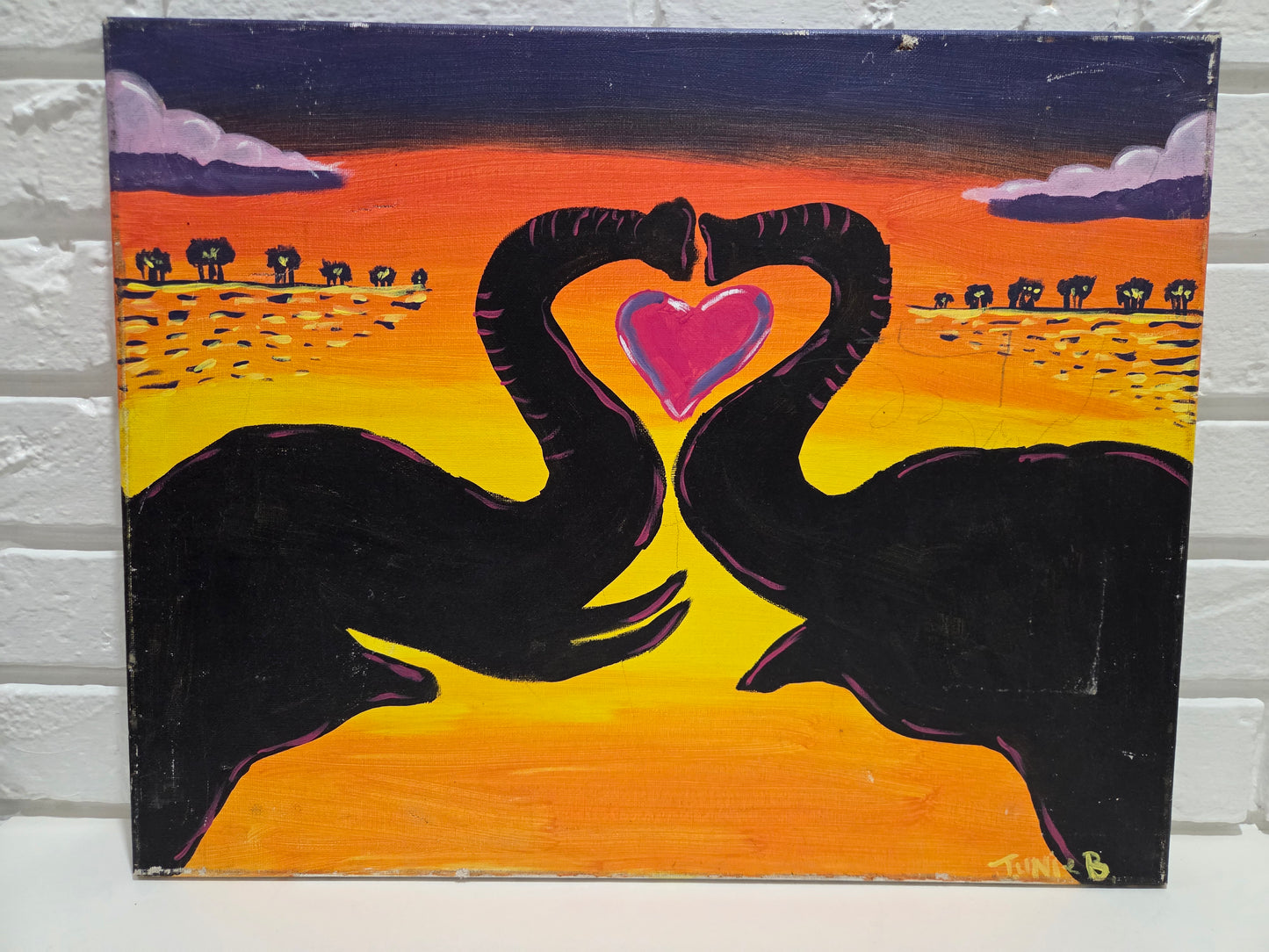 Original Painting On Canvas African Elephant Trunk Couple Love Heart Sunset Art