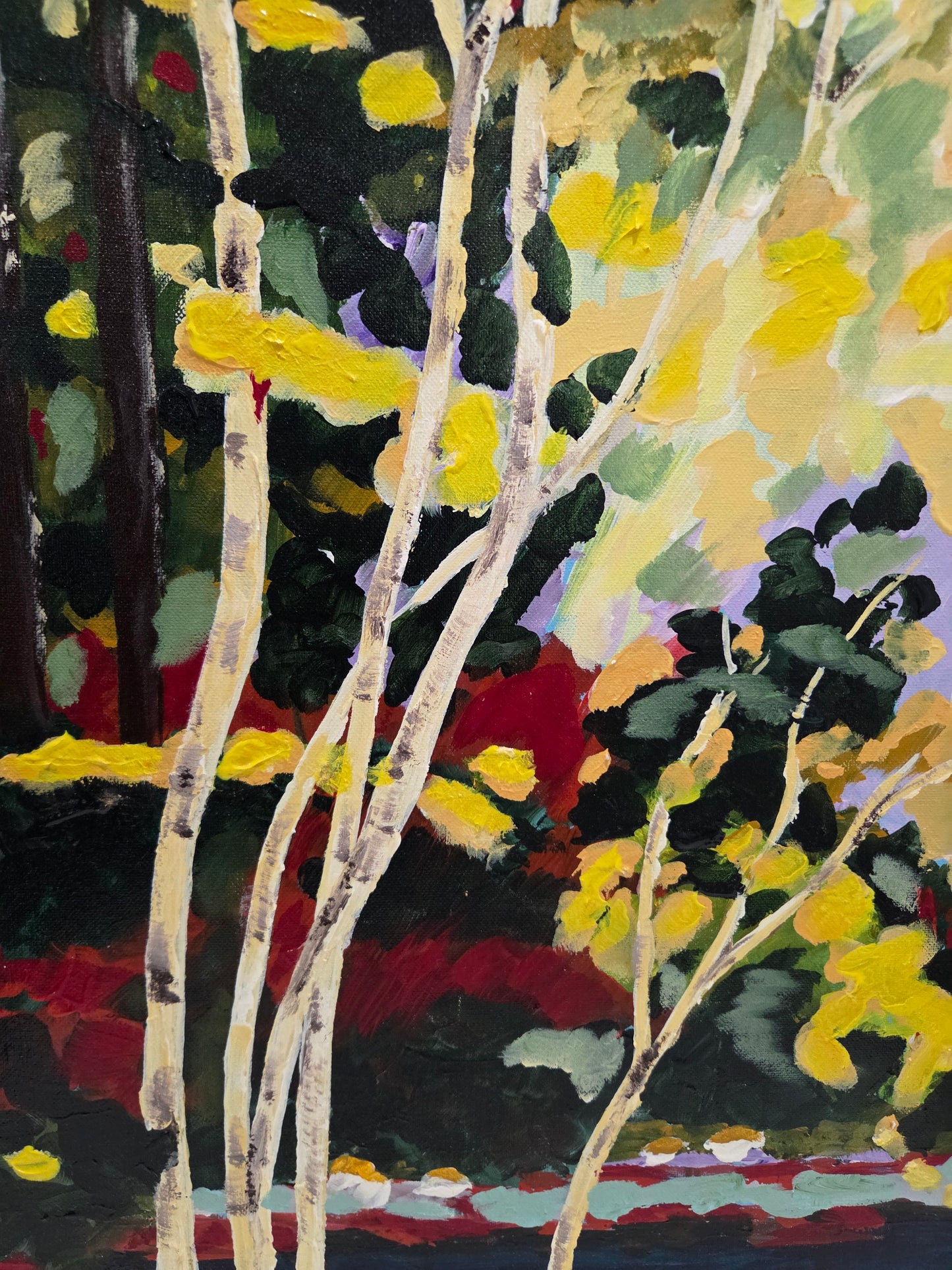 Original Forest Landscape Painting Birch Trees River Nature Acrylic Canvas Art