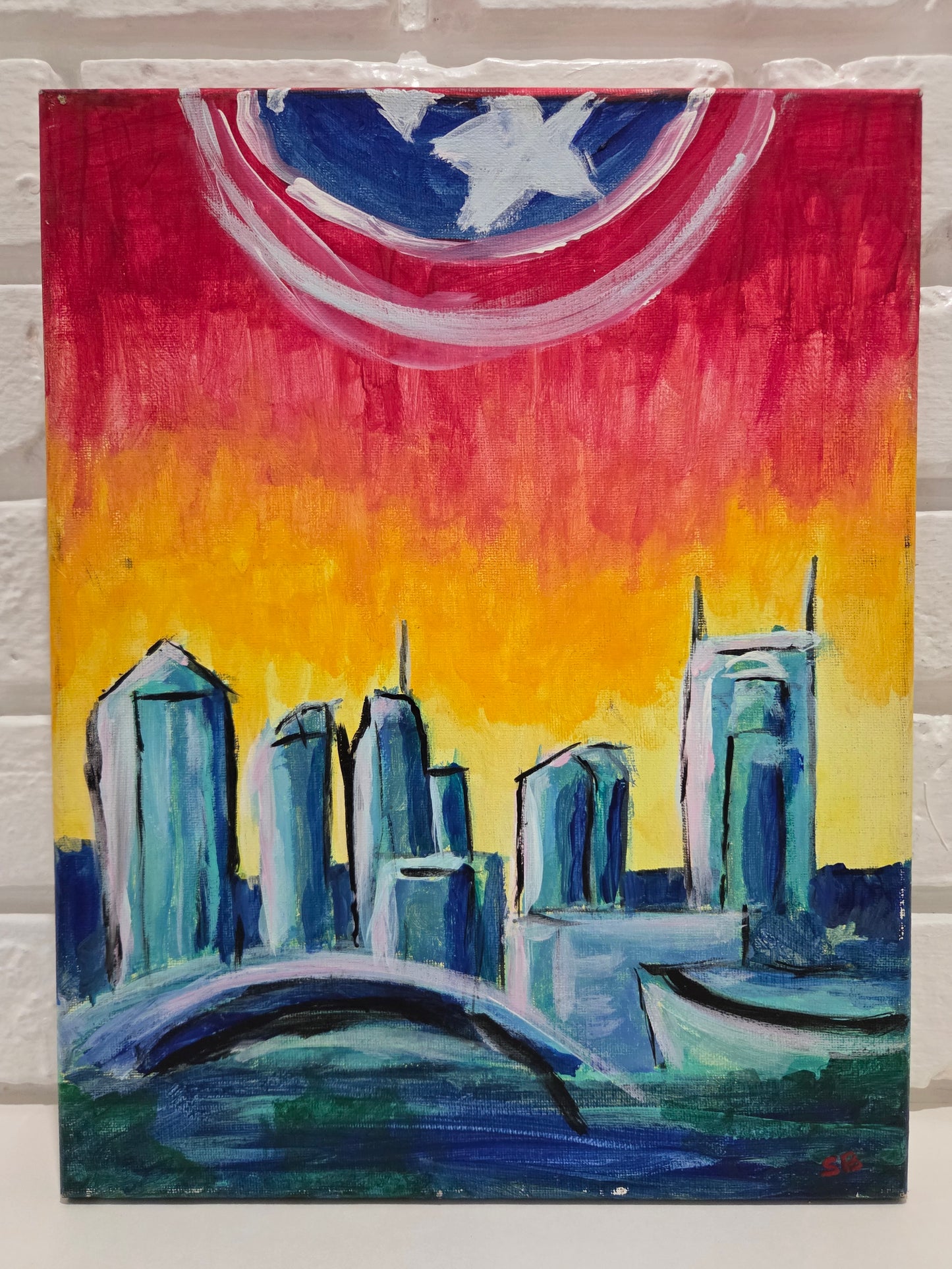 Original Acrylic Painting Canvas Captain America Shield Nashville TN Skyline Art