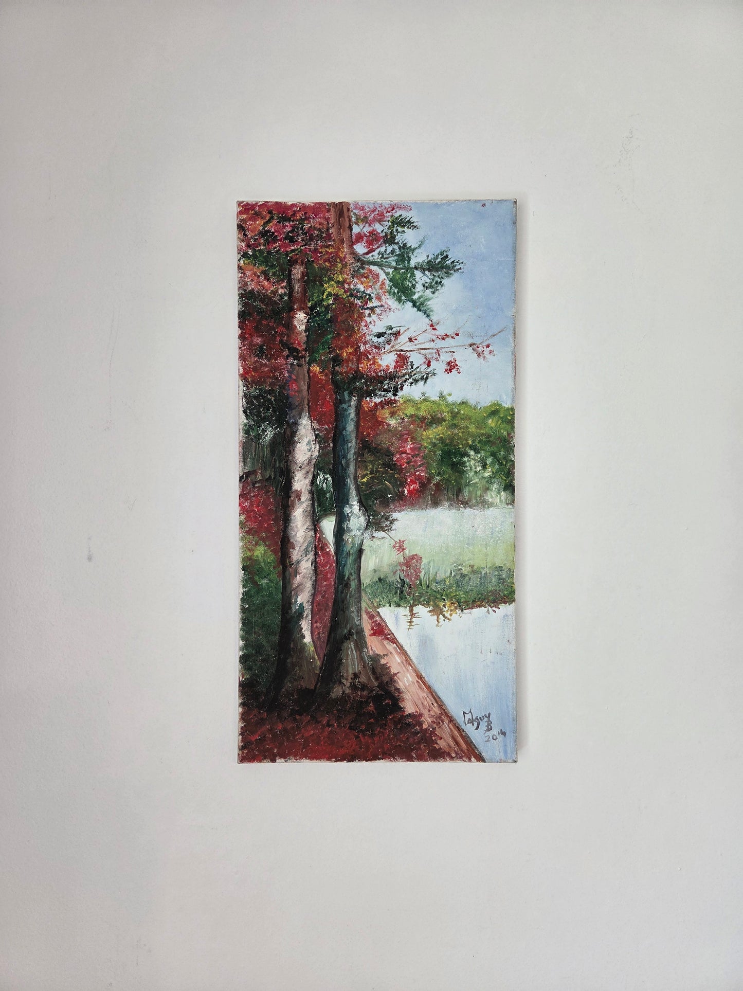 Original Autumn Trees Landscape Painting Fall Lake Nature Scene Canvas Wall Art