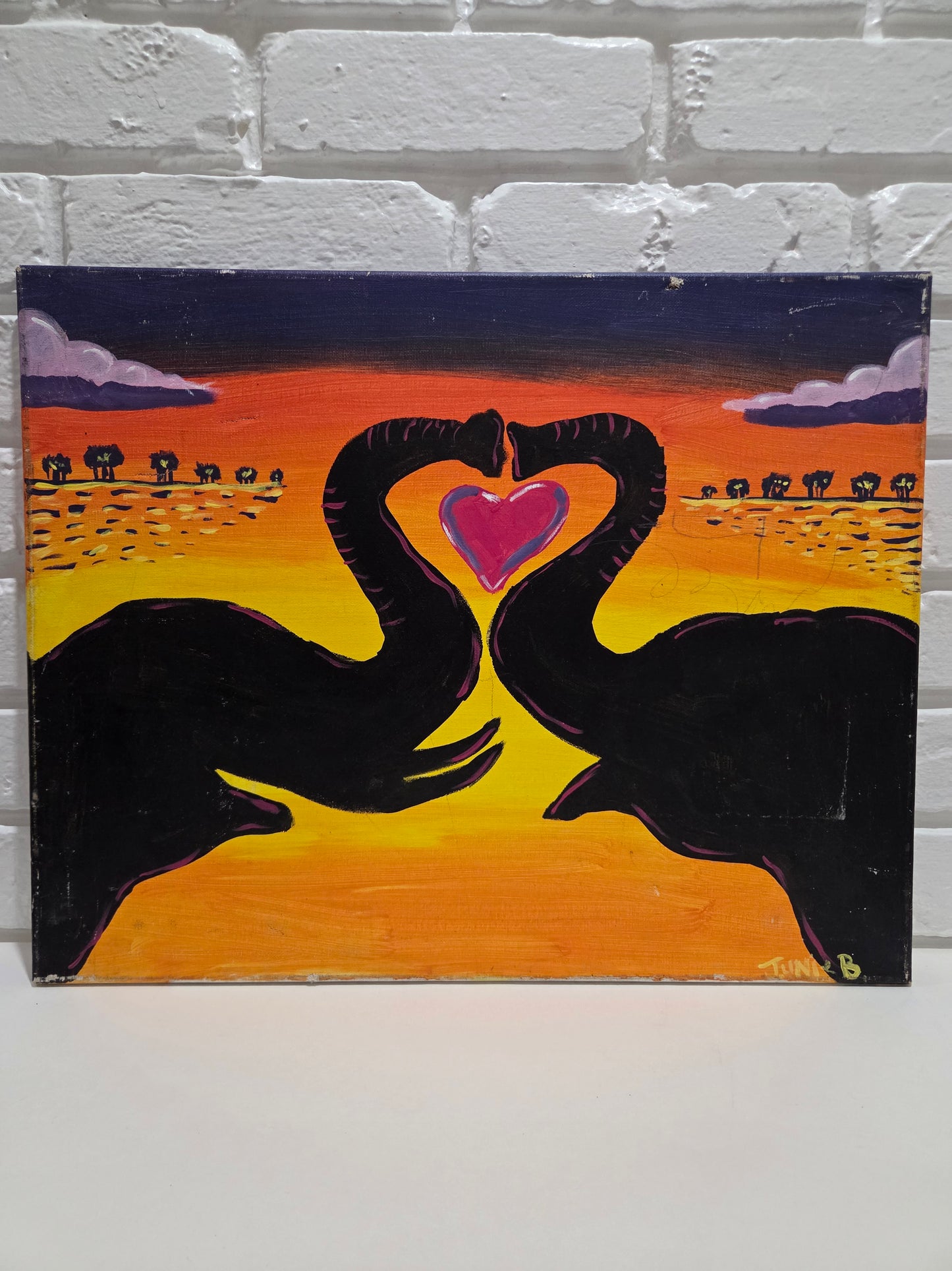 Original Painting On Canvas African Elephant Trunk Couple Love Heart Sunset Art