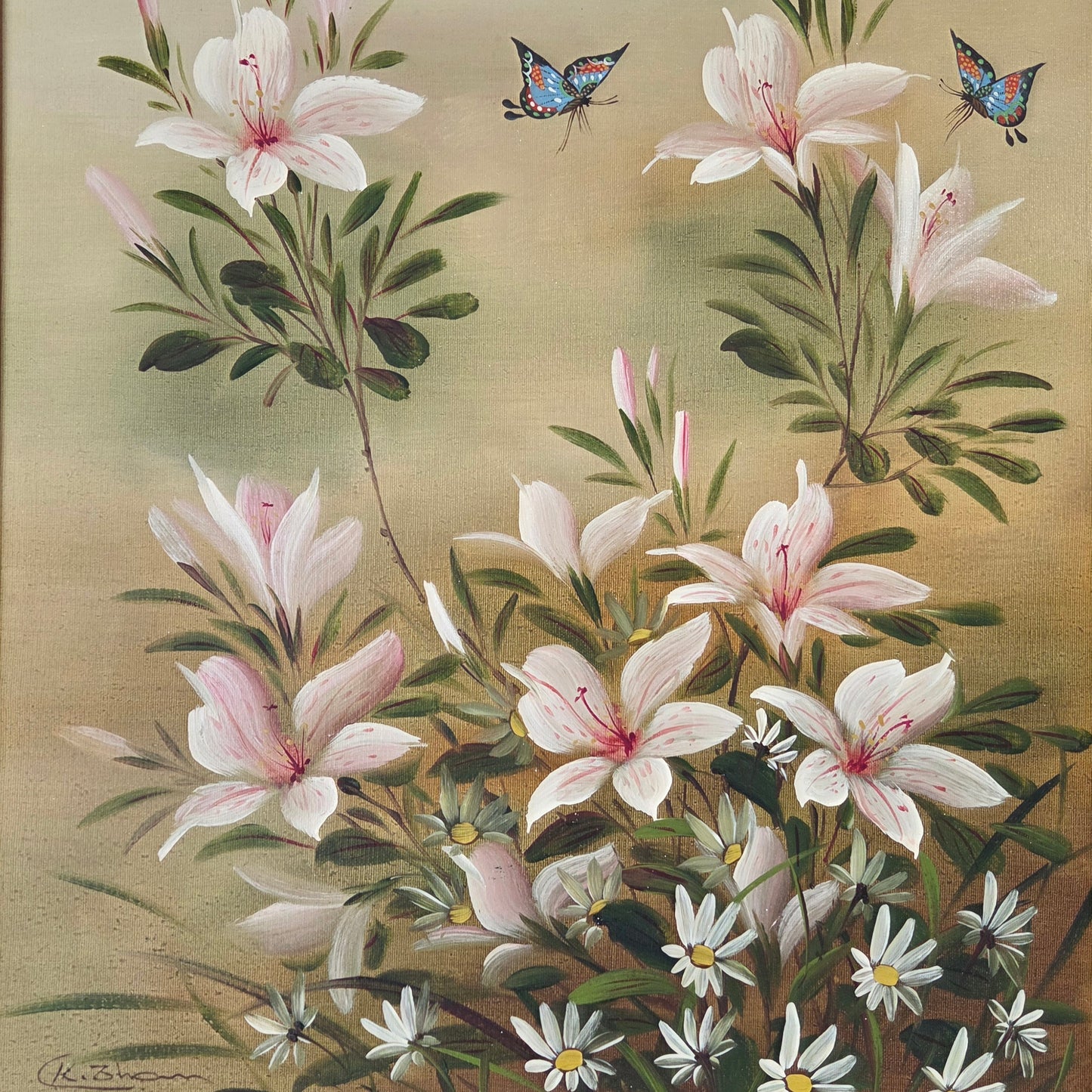 Original Framed Floral Oil Painting: Pink Lilies, Daisies, Butterflies Art Decor