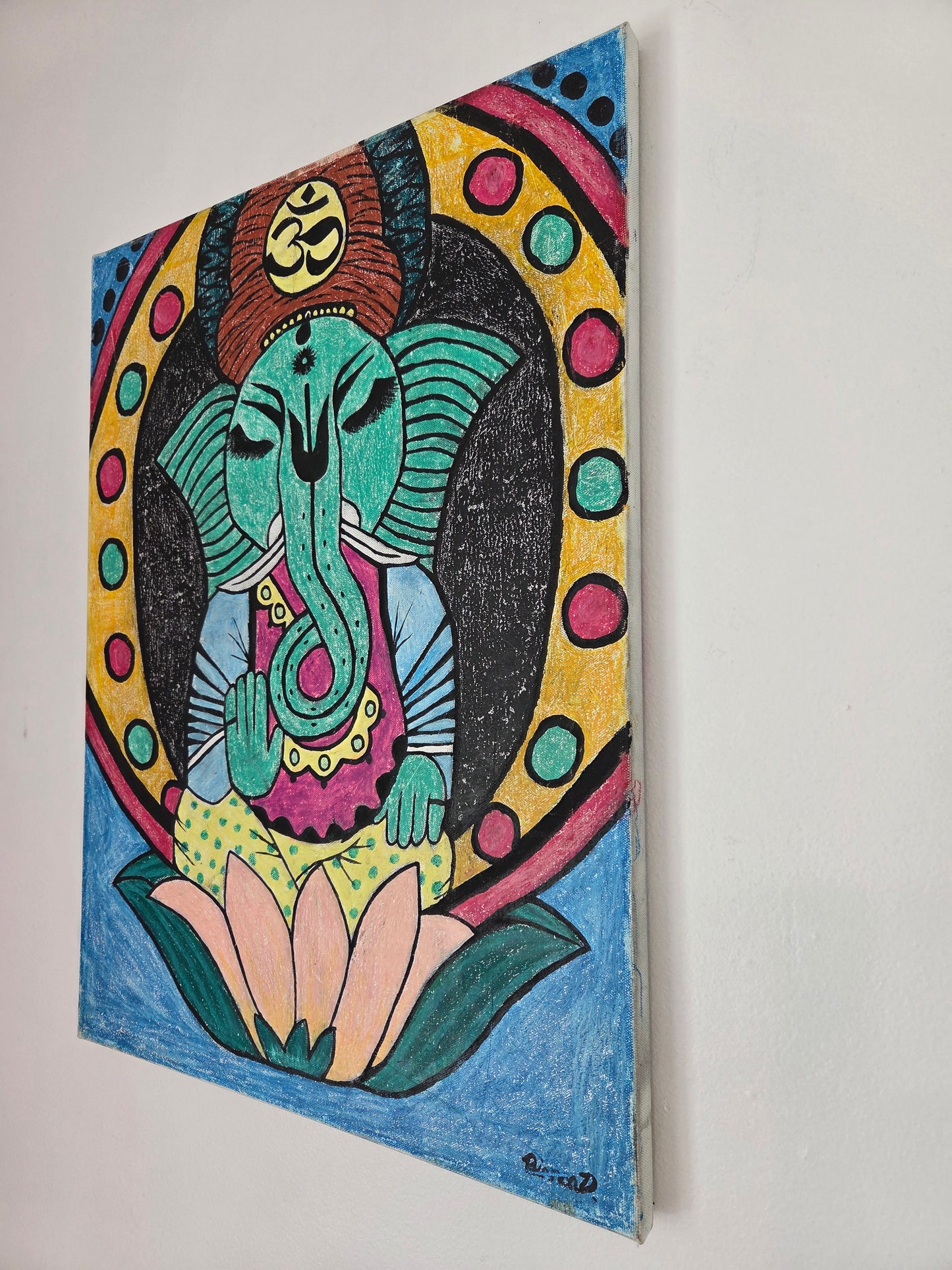 Original Ganesha Painting Hindu Spiritual Elephant God Lotus Meditation Wall Art