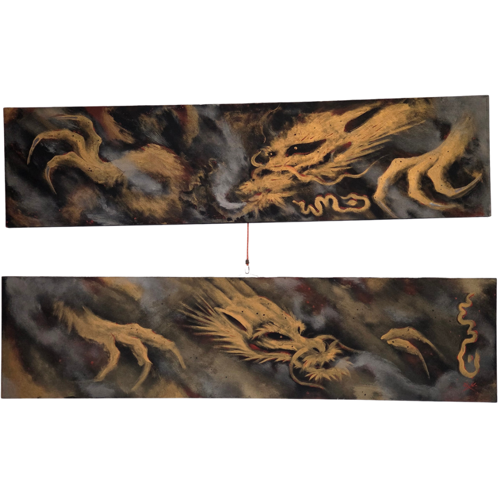 Gold Metallic Dragon Spray Painted Canvas 2-pc Panel Set Signed Original Artwork