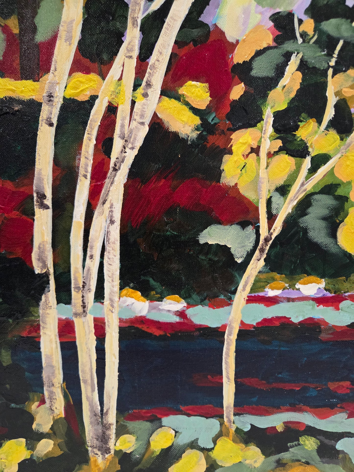 Original Forest Landscape Painting Birch Trees River Nature Acrylic Canvas Art