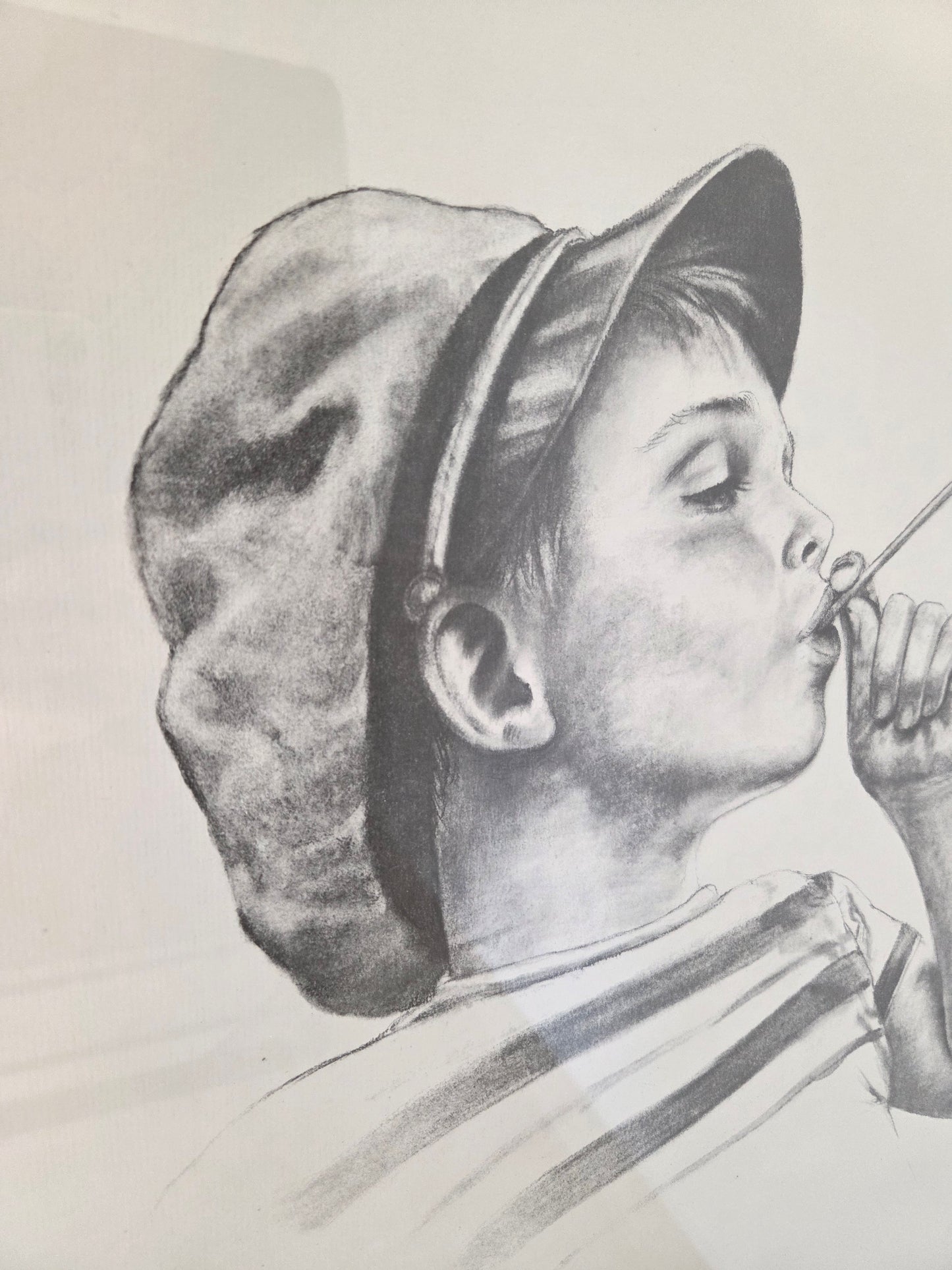 Original Wolfgang M Otto Pencil Drawing Signed Boy Blowing Bubble Artwork Framed