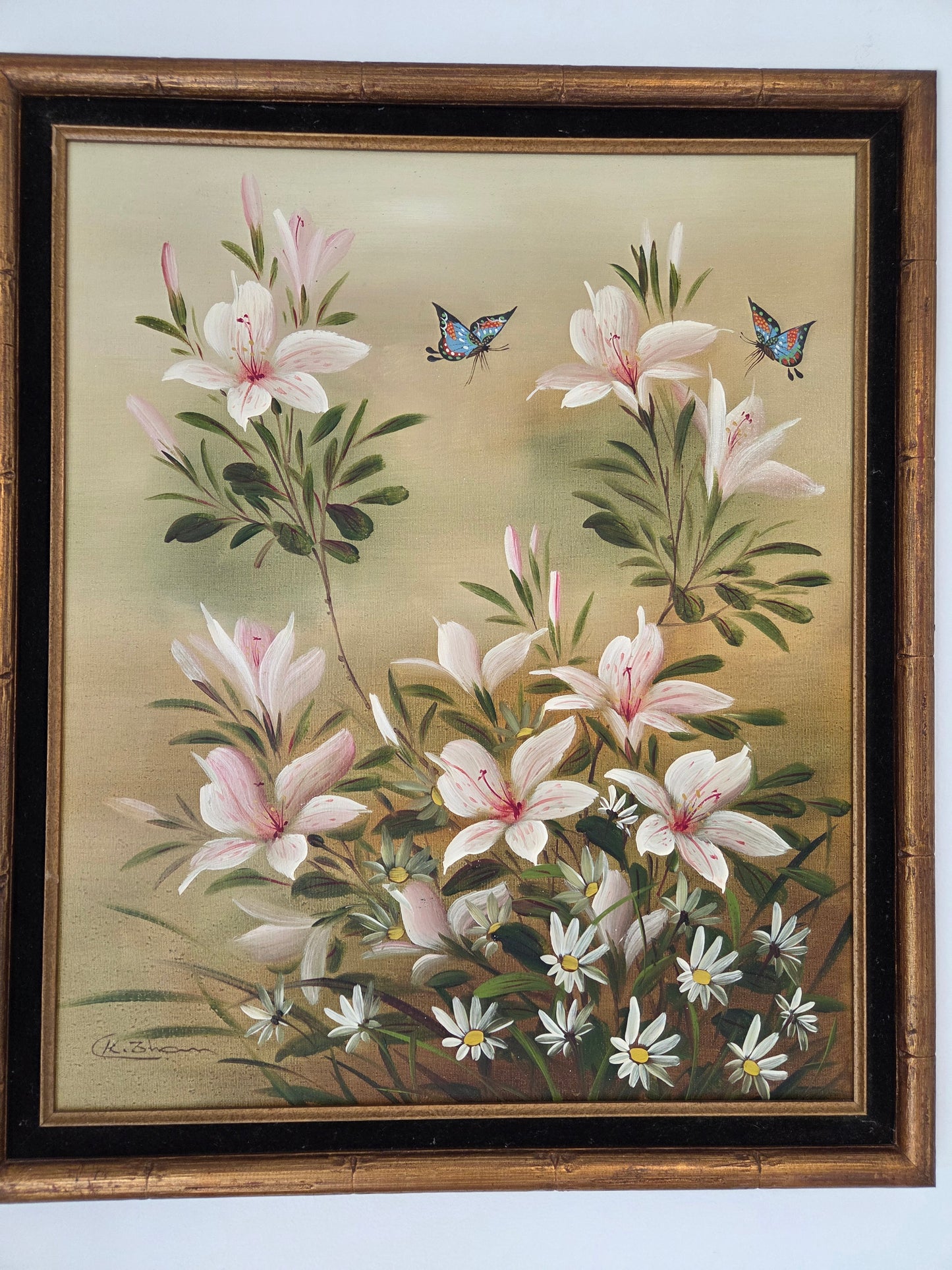 Original Framed Floral Oil Painting: Pink Lilies, Daisies, Butterflies Art Decor