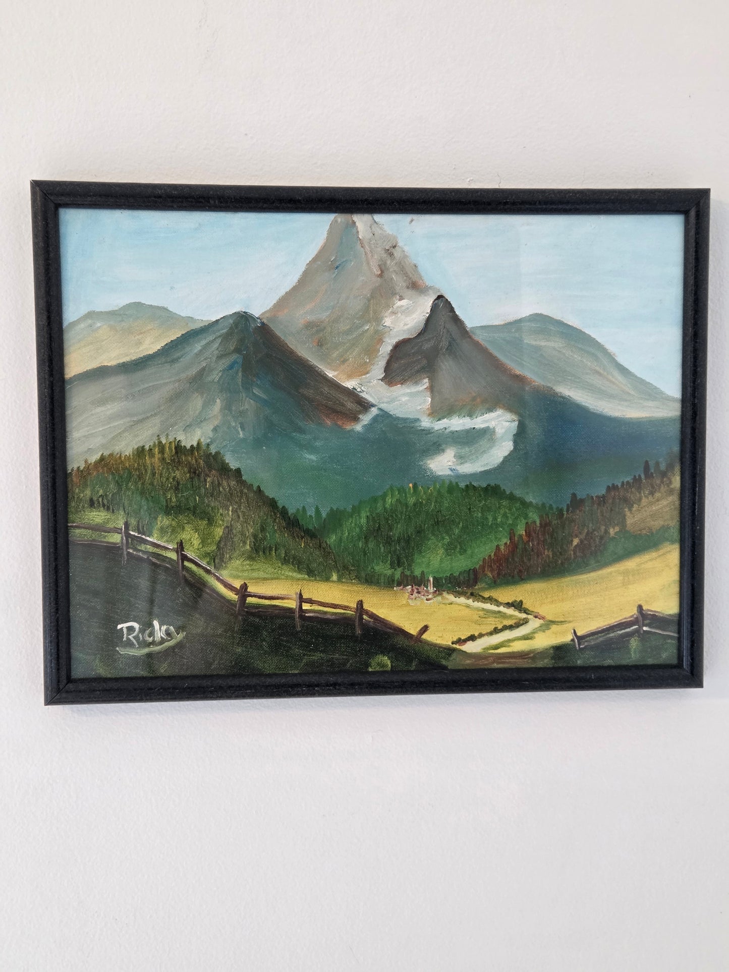 Mountain Valley Landscape Original Painting On Canvas Artwork Signed Framed Art