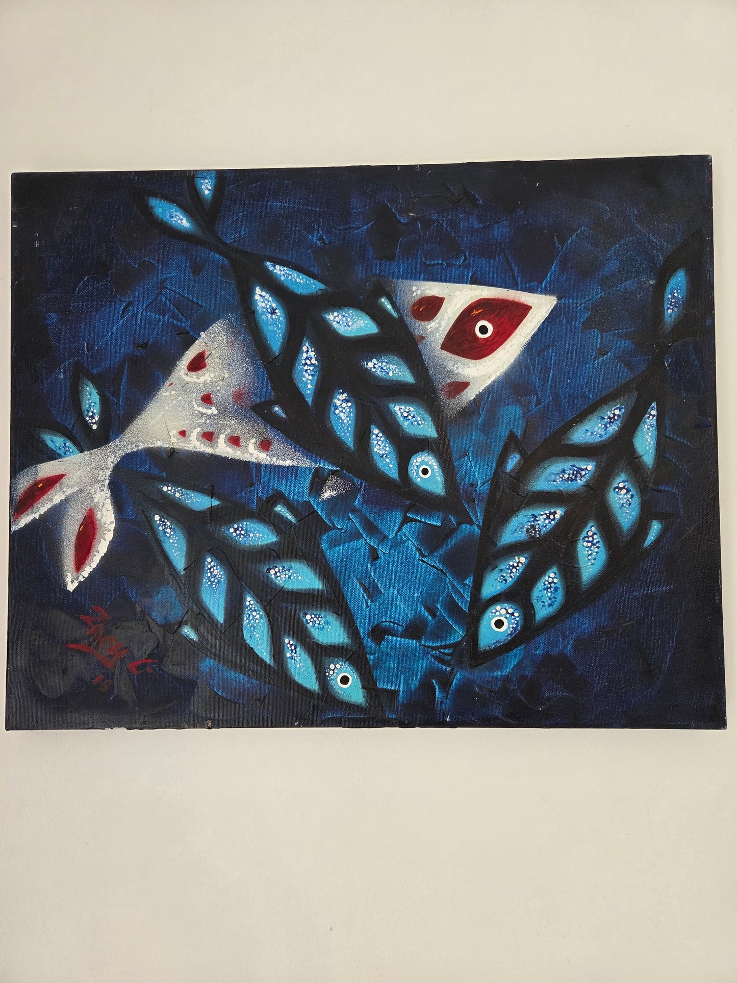 Original Abstract Koi Fish Painting - Modern Blue Marine Ocean Contemporary Art