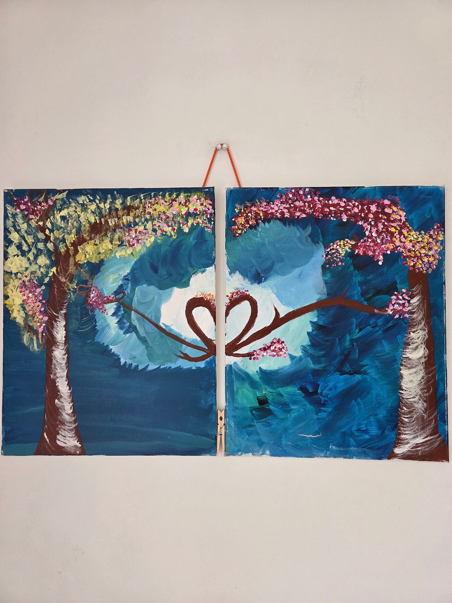 Original Diptych Tree Painting Heart Branches Romantic Cherry Blossom Canvas Art