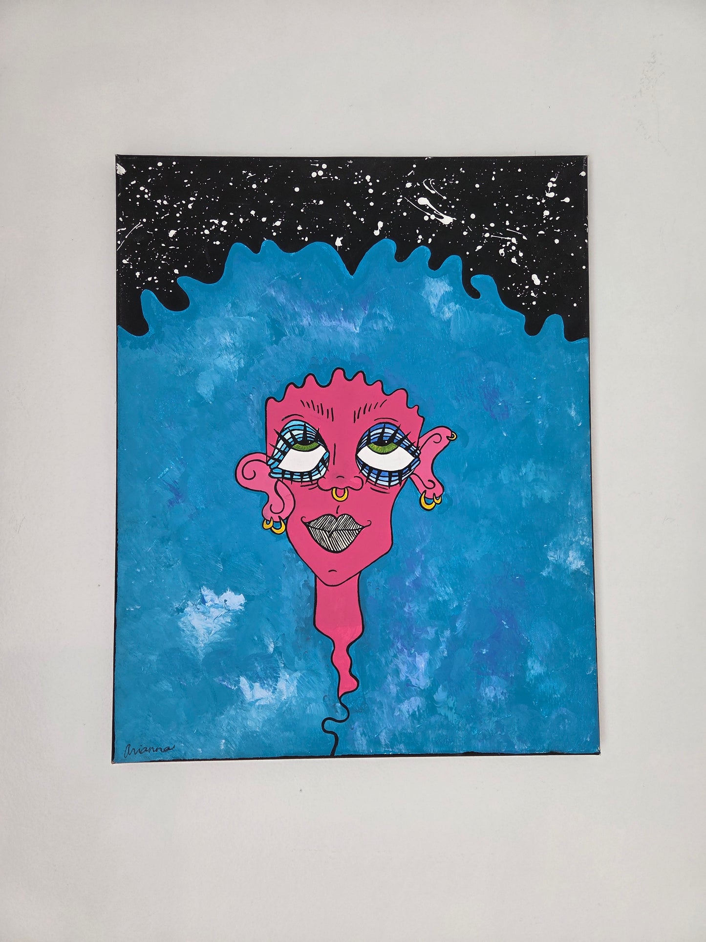 Original Hand-painted Vibrant Pop Art Blue Hair Pink Face girl on canvas Artwork