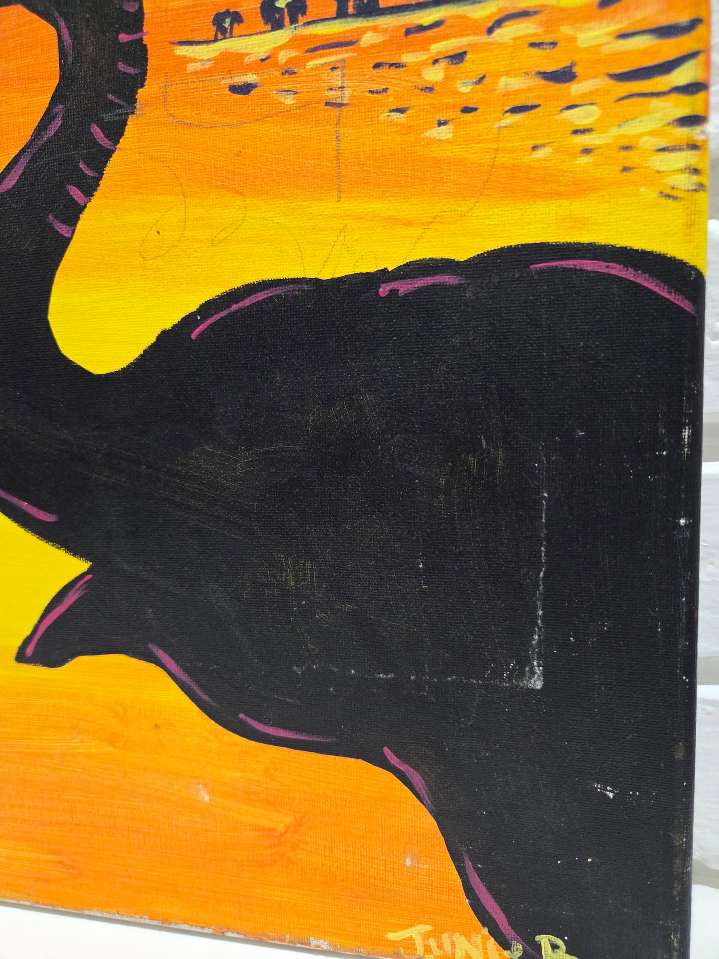 Original Painting On Canvas African Elephant Trunk Couple Love Heart Sunset Art